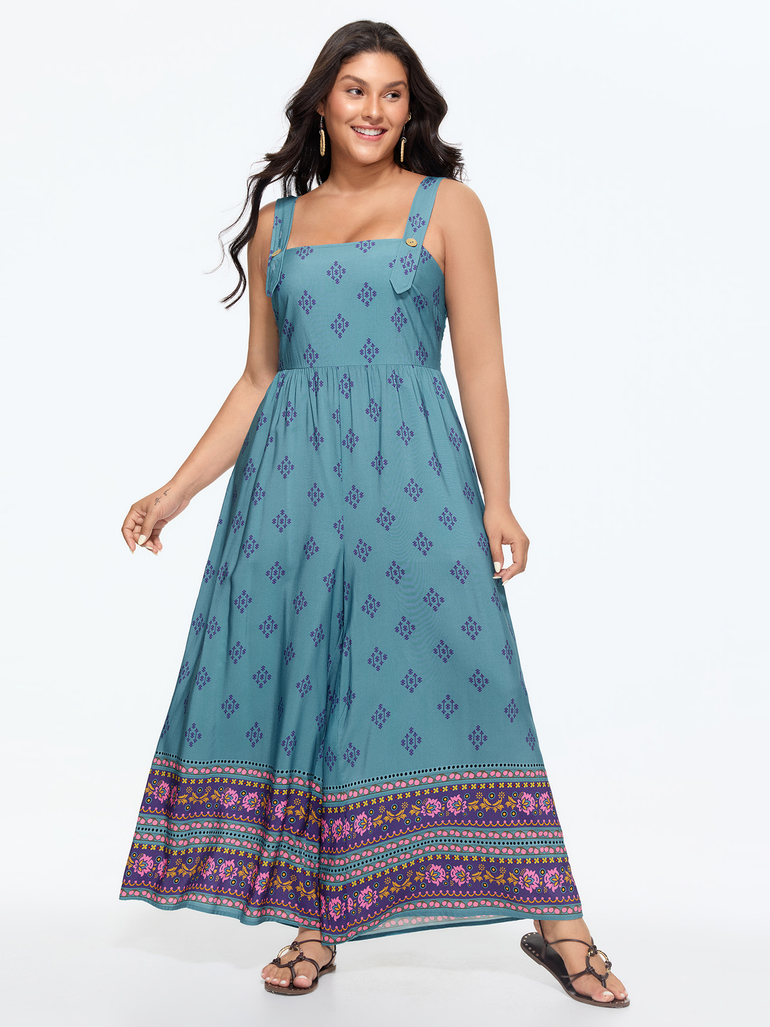 BloomChic Women's Plus Size Geometric Print Adjustable Overall Jumpsuit Multicolor Vacation 30/6X-image-48410073235626