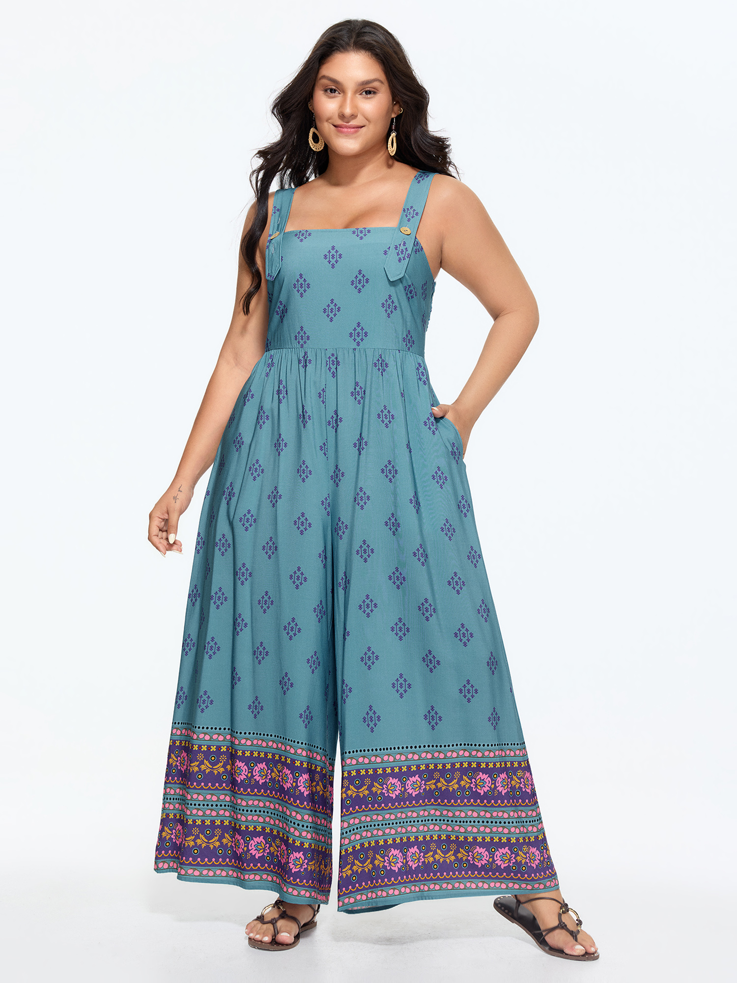 Side view of BloomChic Women's Plus Size Geometric Print Adjustable Overall Jumpsuit Multicolor Vacation 26/4X
