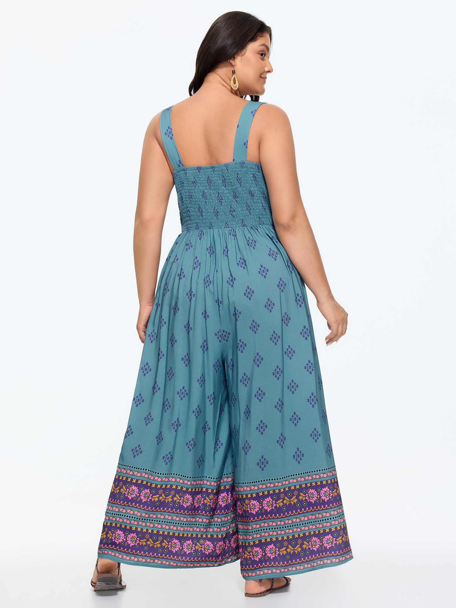 Side view of BloomChic Women's Plus Size Geometric Print Adjustable Overall Jumpsuit Multicolor Vacation 26/4X