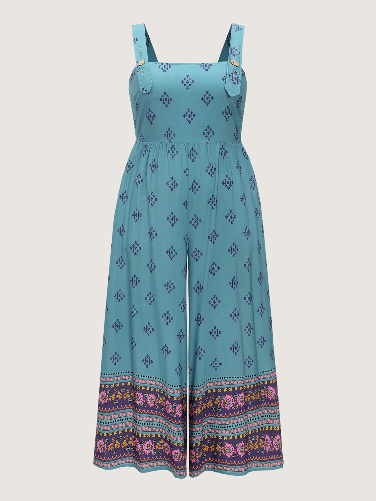 Side view of BloomChic Women's Plus Size Geometric Print Adjustable Overall Jumpsuit Multicolor Vacation 26/4X