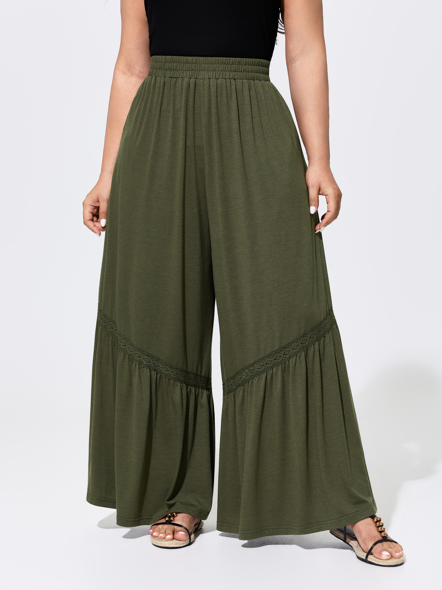 BloomChic Women's Plus Size Stretchy Lace Trim Ruffled Hem Pants ArmyGreen Else Wide leg Mid Rise 10/M