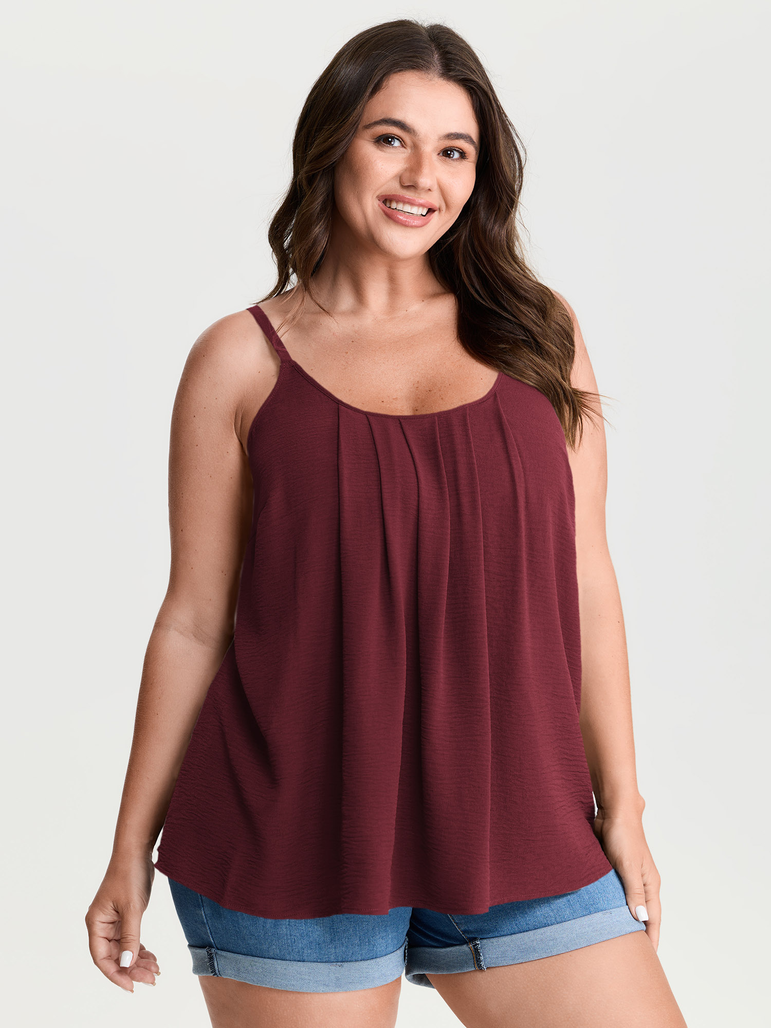 BloomChic Women's Plus Size Pleated Flowy Plain Tank Top Scarlet Everyday-Casual Relaxed Fit A-line U-Neck 10/M