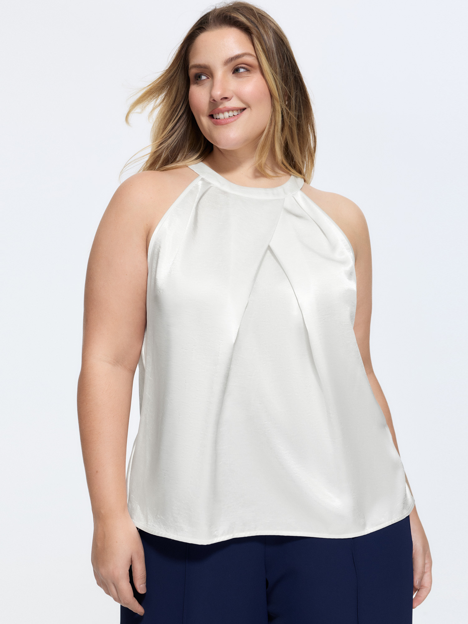BloomChic Women's Plus Size Satin Halter Neckline Overlap Pleats Tank Top Originalwhite Office Relaxed Fit Straight fit Halter Neck 10/M