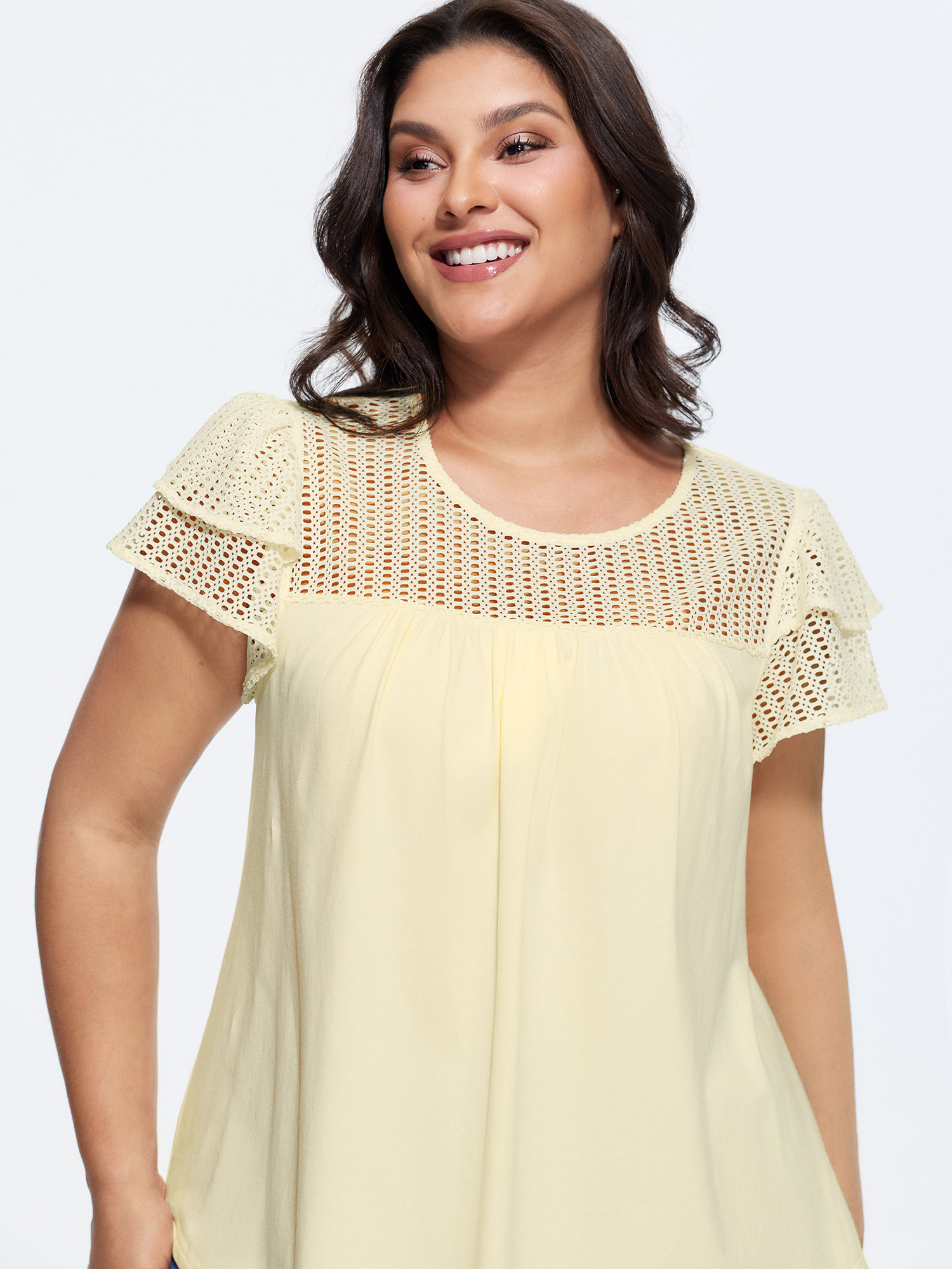 BloomChic Women's Plus Size Cotton Sheer Hollowed-Out Ruffled Sleeve Knit Top Beige Short sleeve Everyday-Casual Round Neck 10/M