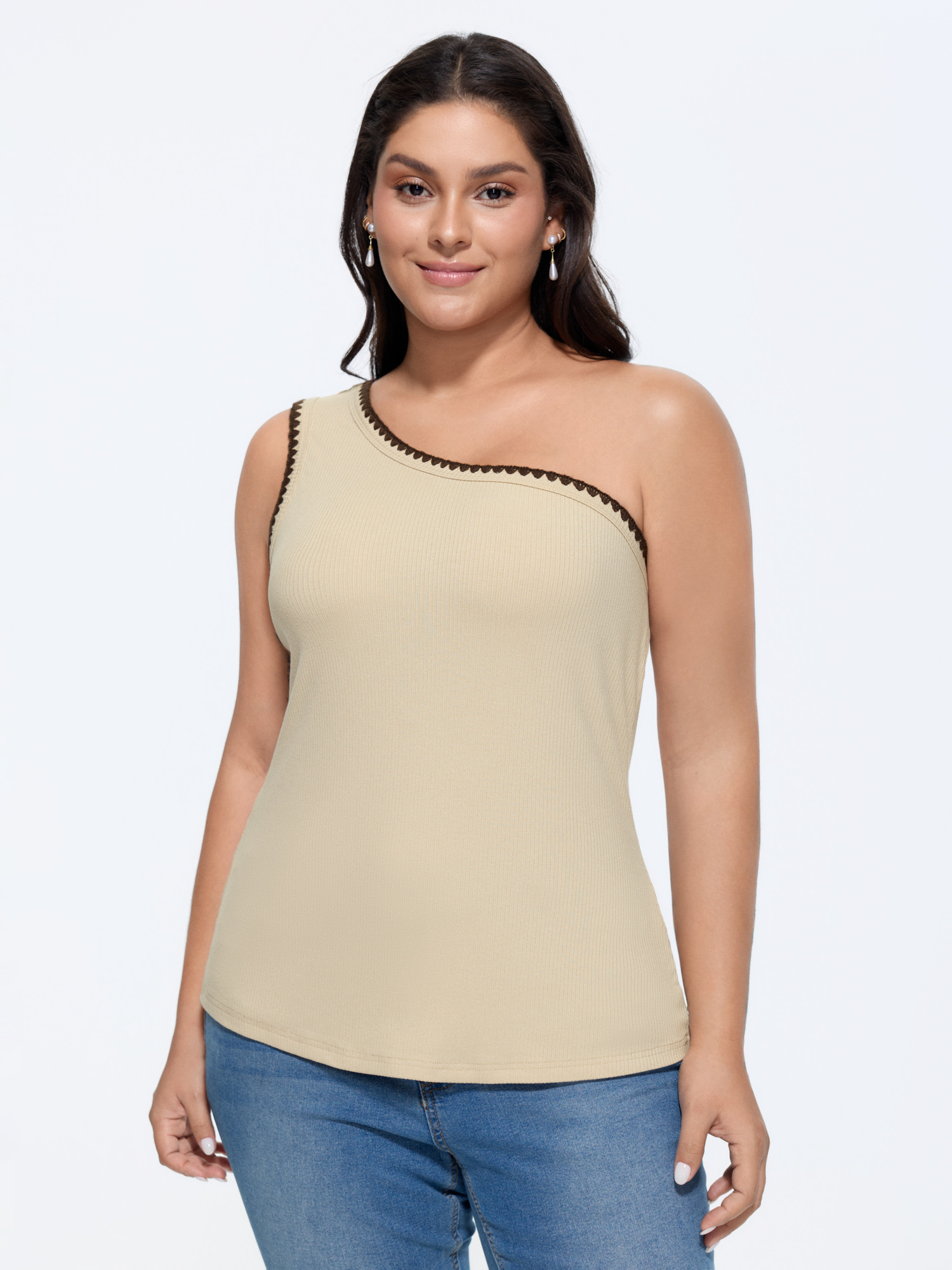 Bloomchic Color Contrast One-shoulder Knit Top In Brown