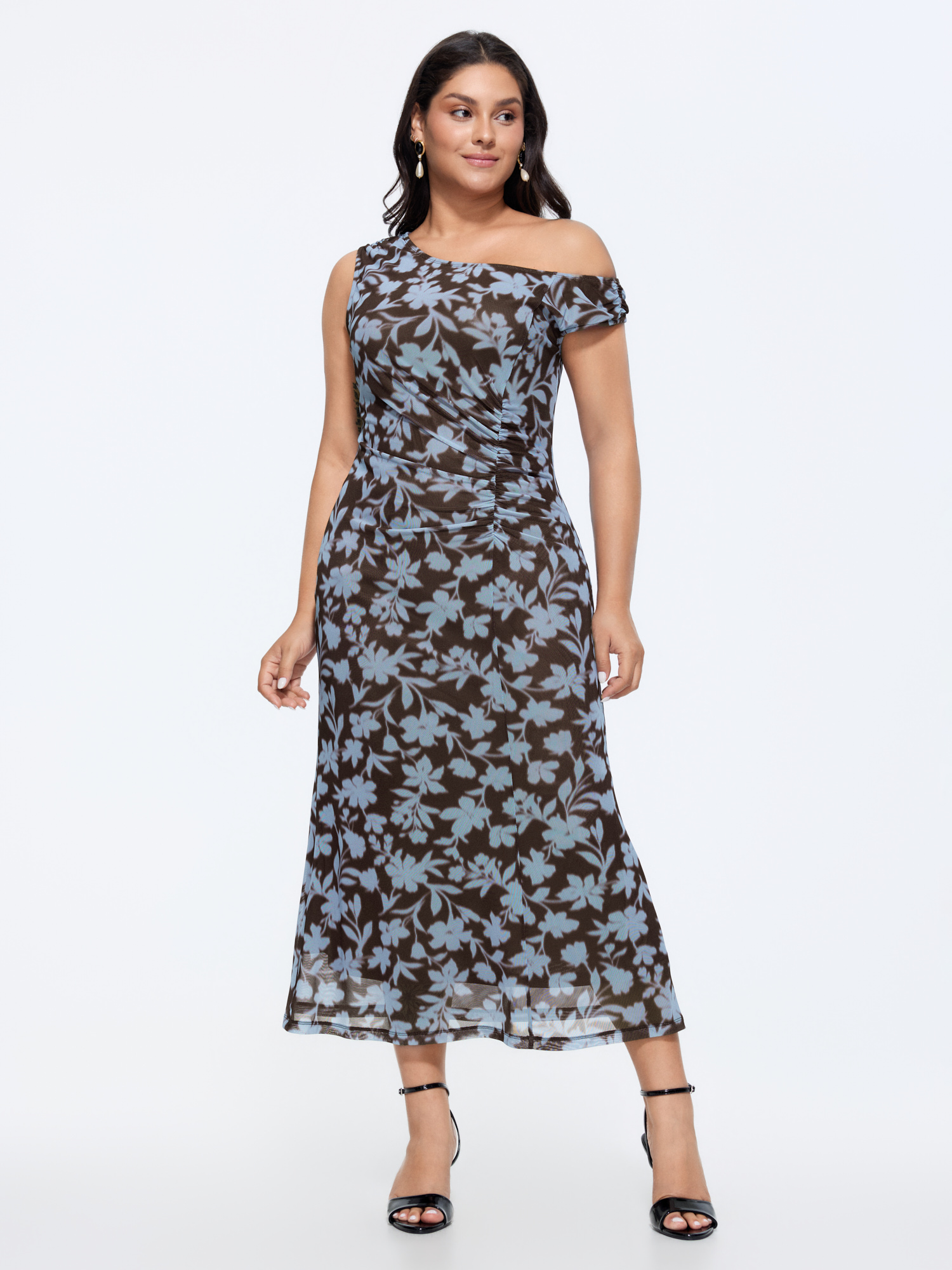 Bloomchic Floral Print Mesh One-shoulder Midi Dress In Blue