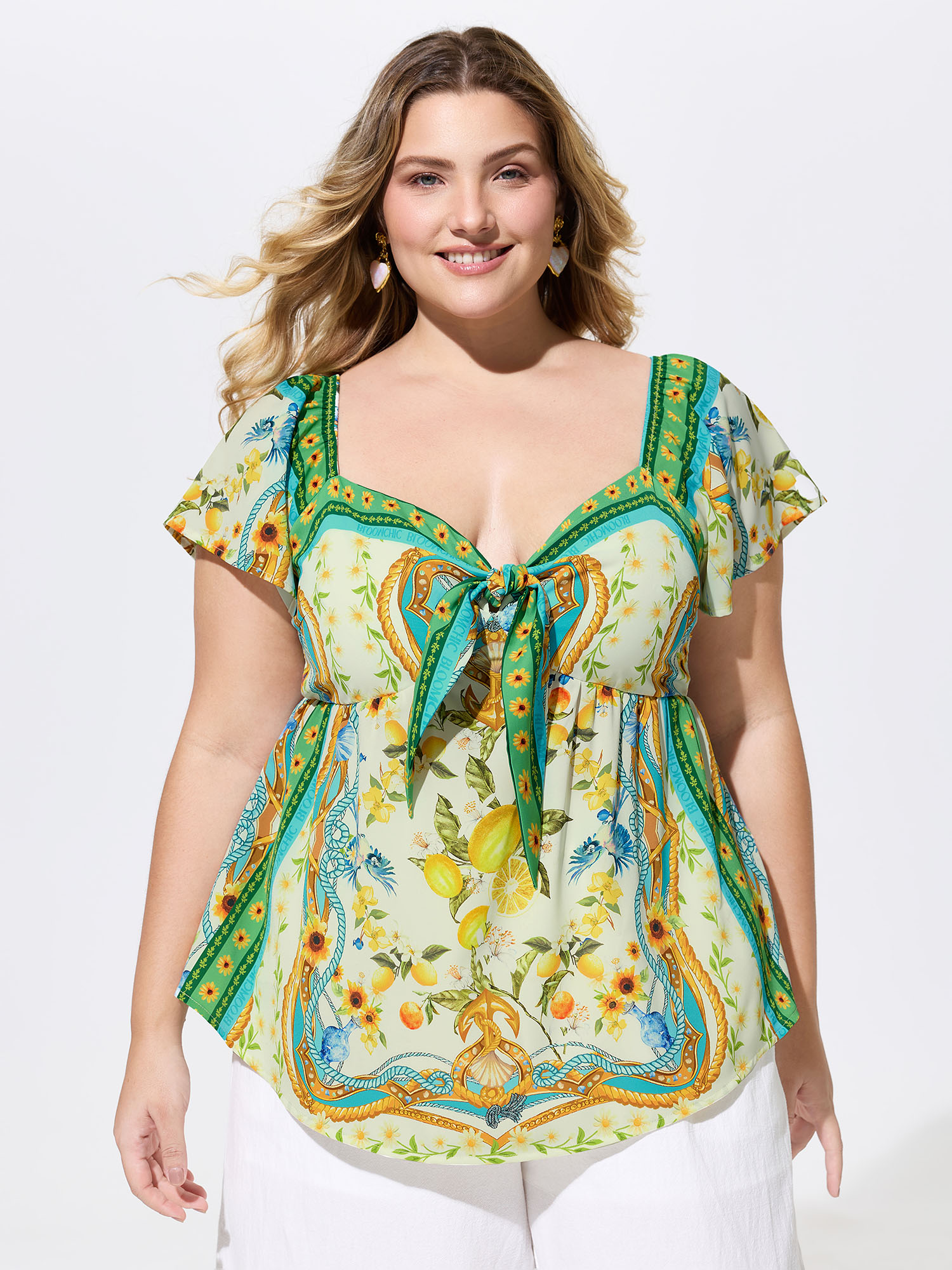 BloomChic Women's Plus Size Lemon Print Color Contrast Knotted Front Top Truegreen Ethnic Floral Vacation Short sleeve Sweetheart Neck 10/M