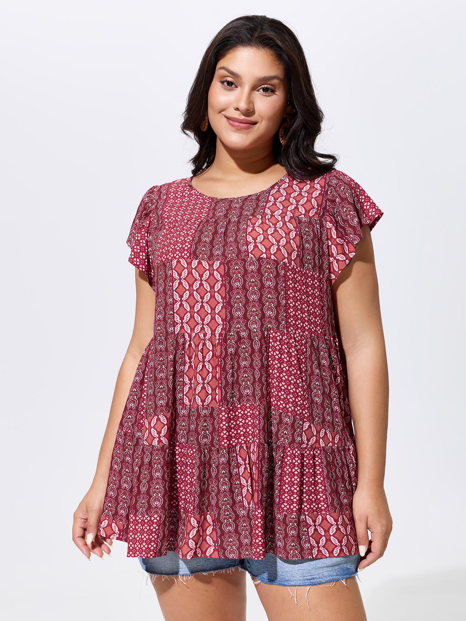BloomChic Women's Plus Size Geometric Print Ruffled Sleeve Top Russet Ethnic Floral Vacation Cap Sleeve Round Neck 10/M