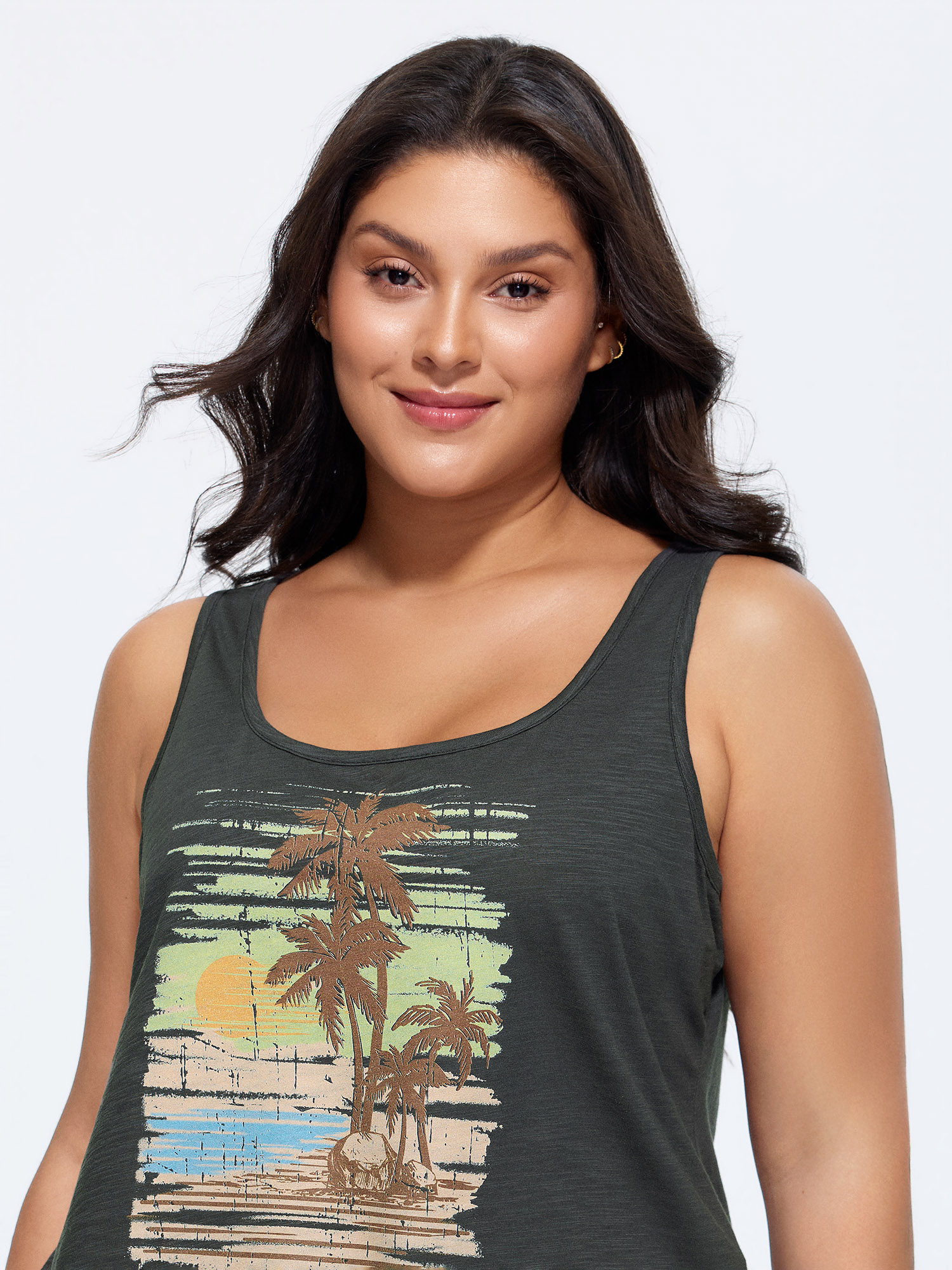 BloomChic Women's Plus Size Cotton Stretchy Island Print Tank Top DimGray Everyday-Casual Straight fit U-Neck 10/M