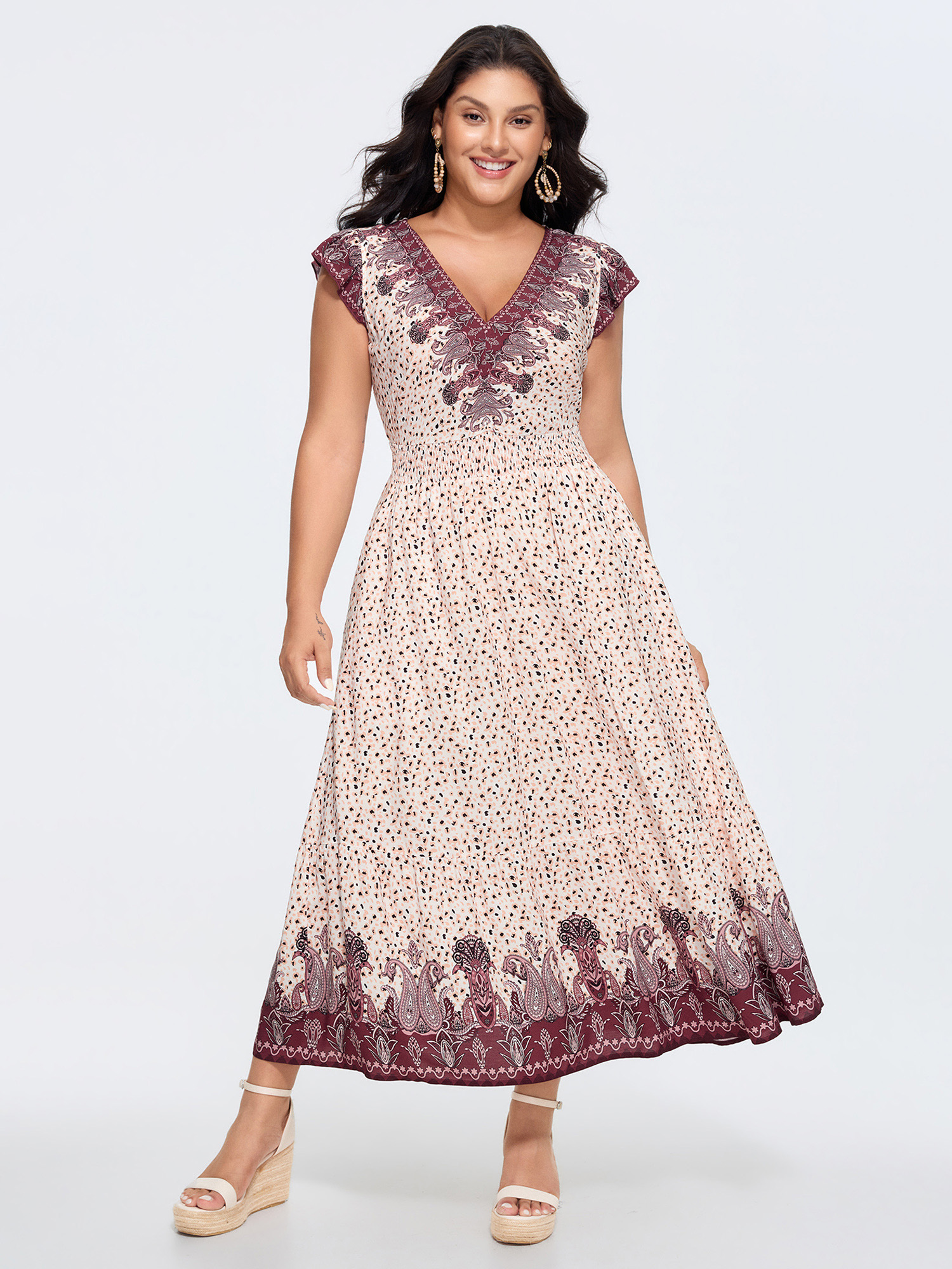 BloomChic Women's Plus Size Floral Print Color Contrast V-Neck Midi Dress WhiteSmoke Paisley Maxi Vacation 30/6X