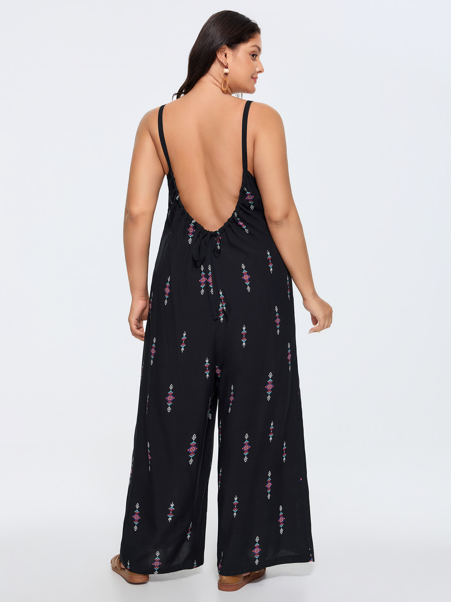 BloomChic Women's Plus Size Geometric Print Adjustable Backless Drawstring Jumpsuit Black Vacation 30/6X-image-48416745521322