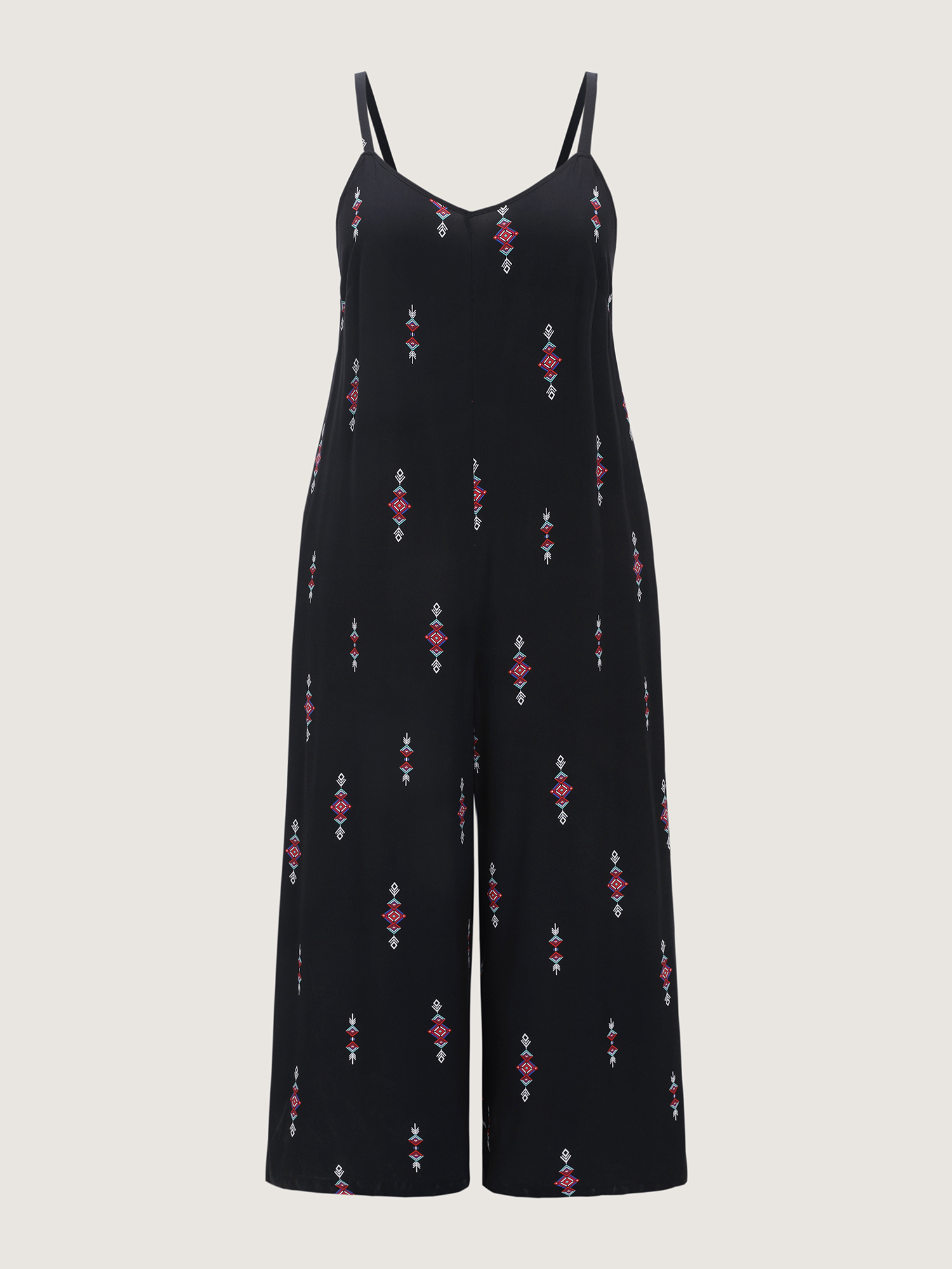 Side view of BloomChic Women's Plus Size Geometric Print Adjustable Backless Drawstring Jumpsuit Black Vacation 22-24/3X