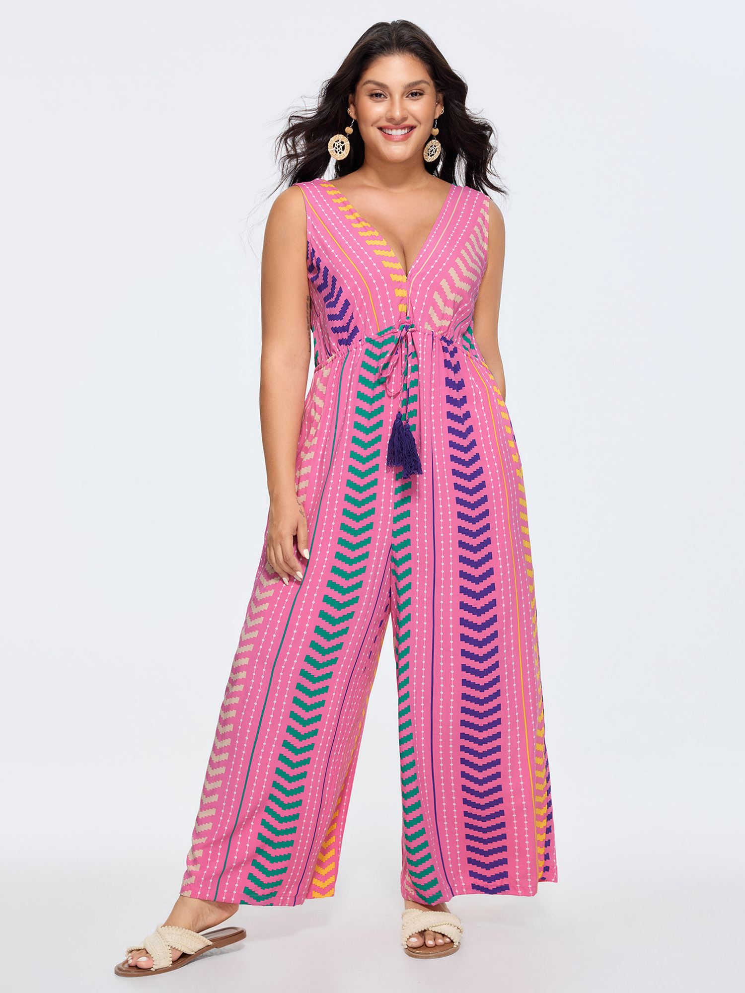 BloomChic Women's Plus Size Colorful Geometric Print Tassel Jumpsuit Peach Vacation 22-24/3X-image-48580993810602