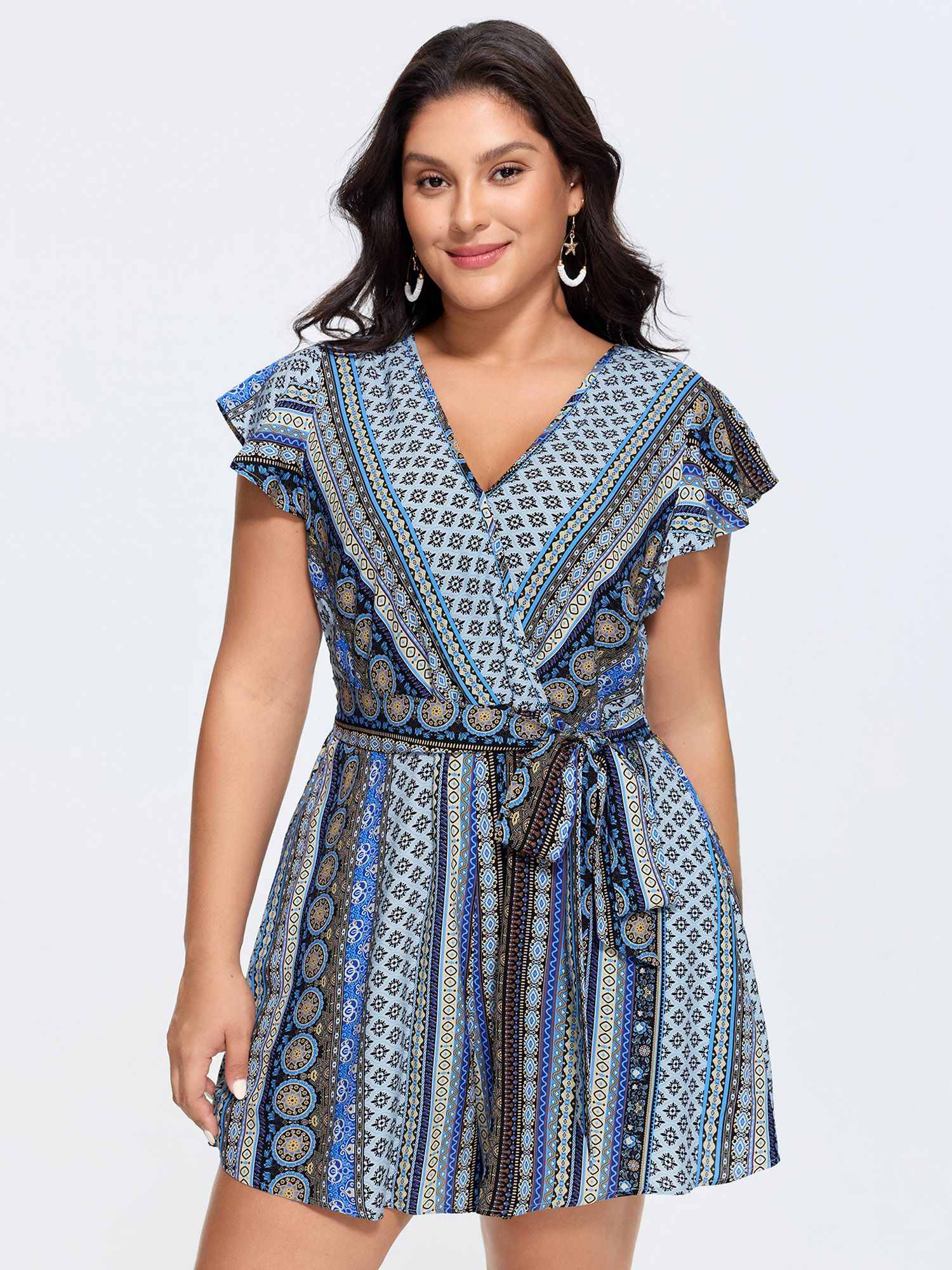 BloomChic Women's Plus Size Boho Striped Print Back-Tie Romper Multicolor Vacation 18-20/2X-image-48416742506666