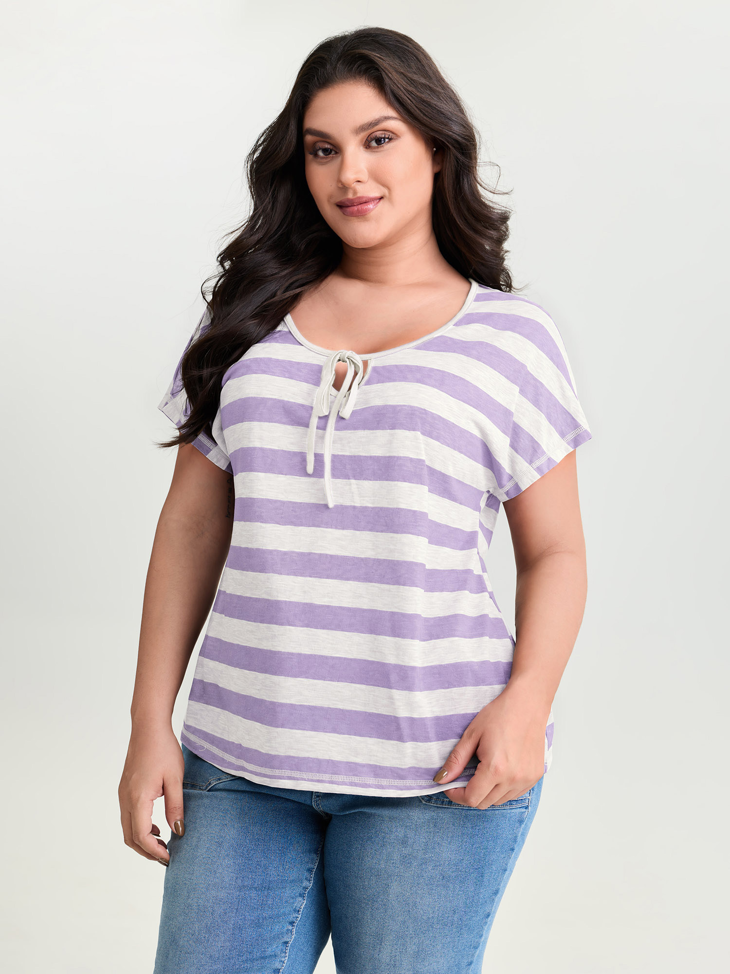 BloomChic Women's Plus Size Stretchy Striped Print Neck-Tie T-Shirt Lilac Stripes Everyday-Casual Short sleeve 28/5X