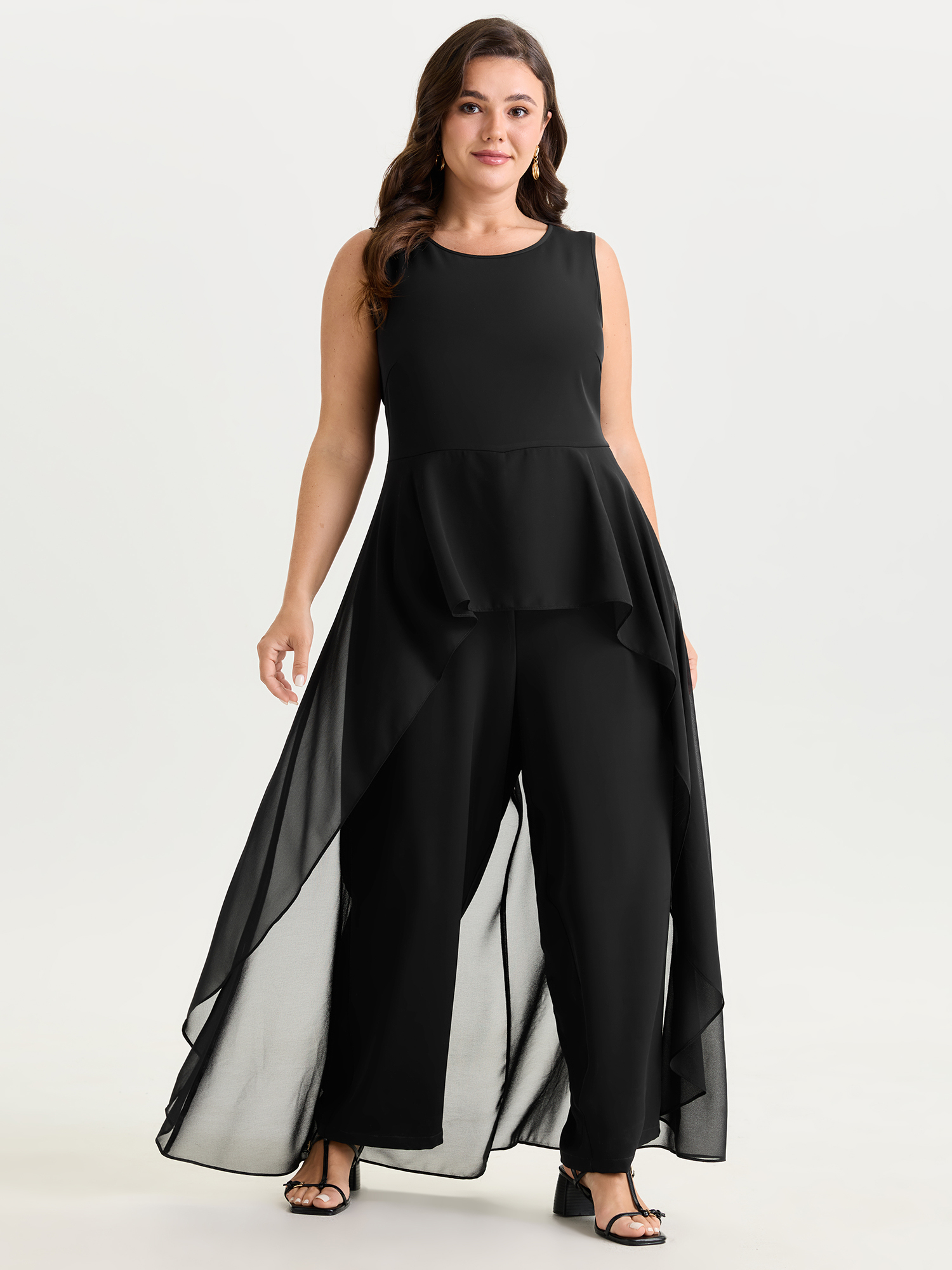 BloomChic Women's Plus Size Stretchy Sheer Layered Sleeveless Jumpsuit Black Elegant 12/L-image-48357161107626