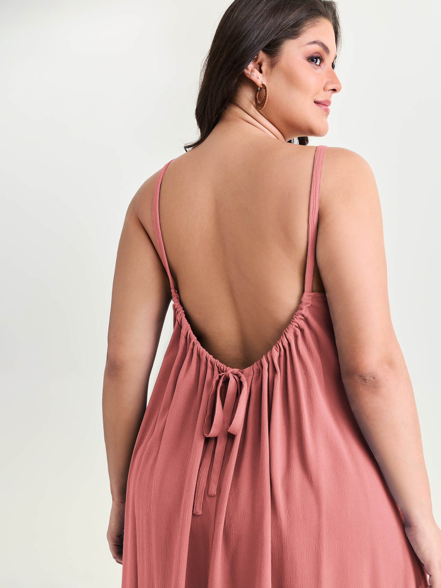 BloomChic Women's Plus Size Backless Flowy Cami Plain Midi Dress Watermelon Solid Midi Vacation Ruched 10/M