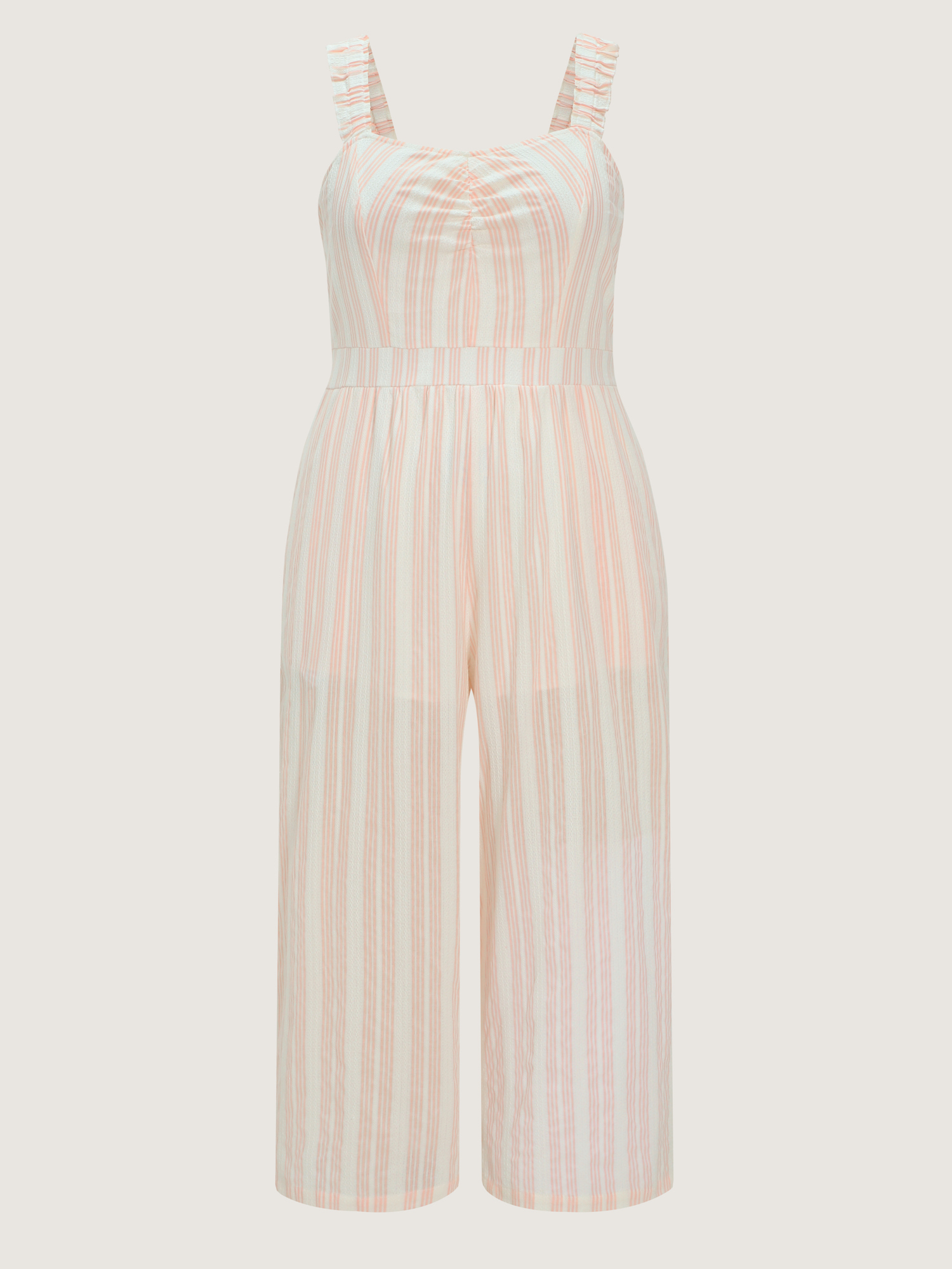 Side view of BloomChic Women's Plus Size Sheer Striped Print Shirred Straps Jumpsuit MistyRose Casual 12/L