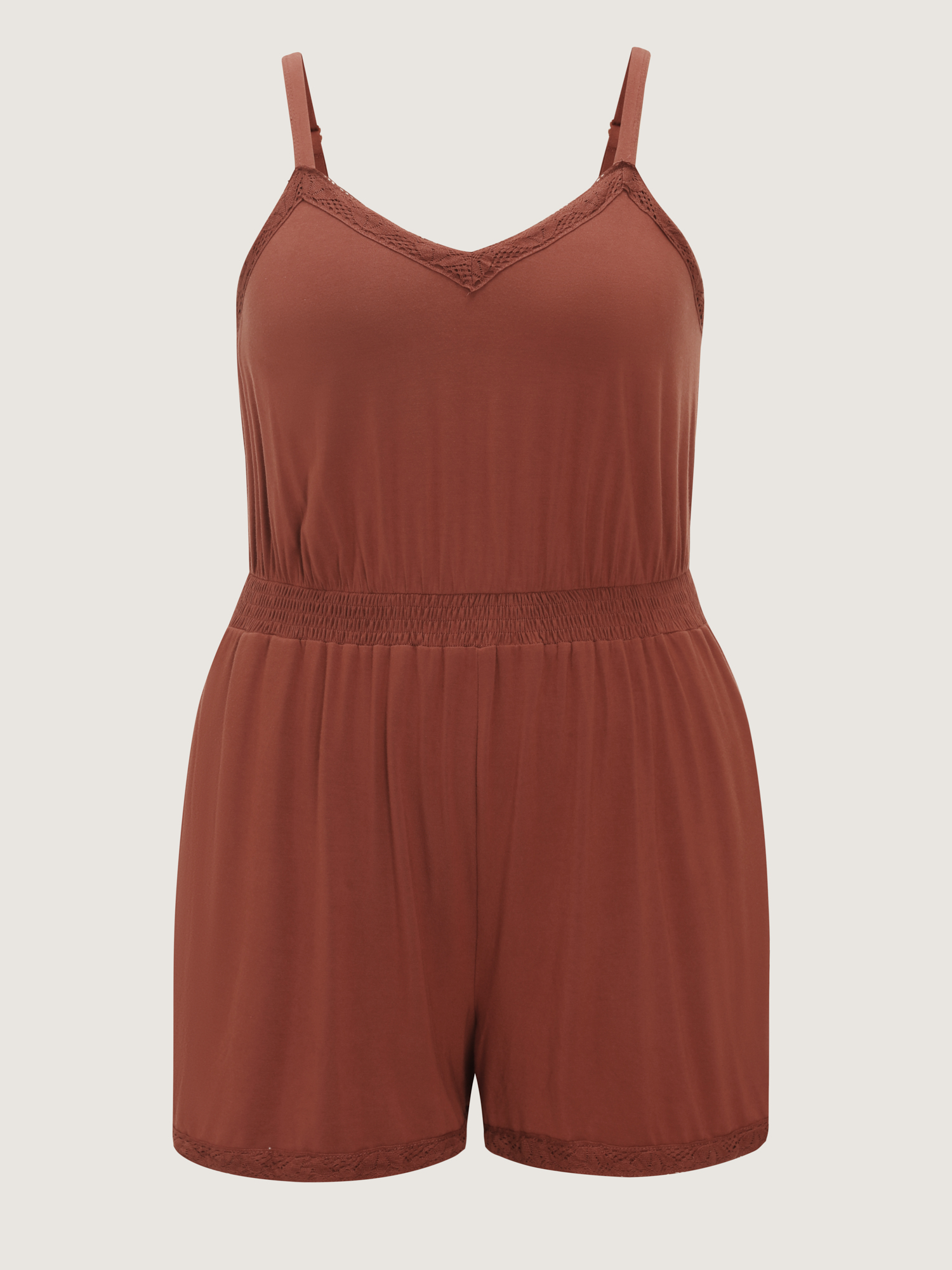 Side view of BloomChic Women's Plus Size Supersoft Lace Detail Lounge Romper Rust not graphics short 14-16/1X