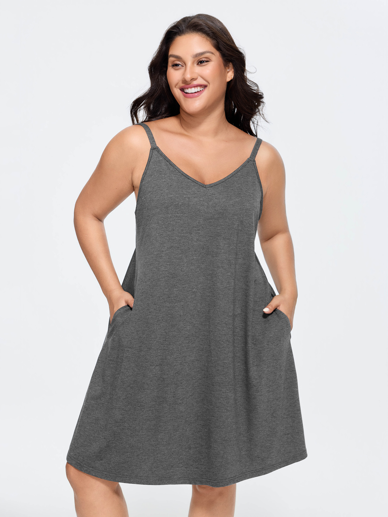 Side view of BloomChic Women's Plus Size Supersoft Adjustable Drawstring Relaxed-Fit Backless Lounge Dress DimGray Mini 10/M