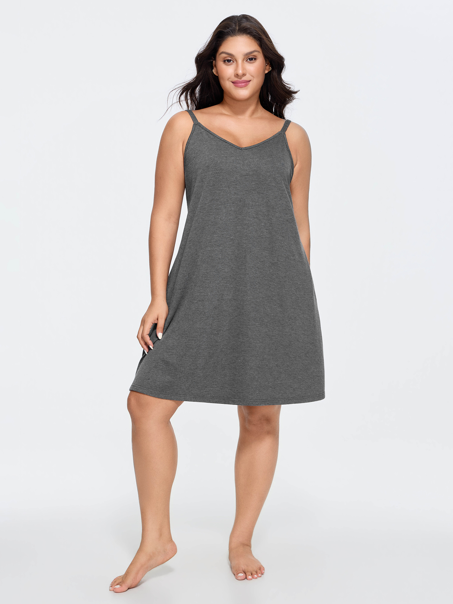 Side view of BloomChic Women's Plus Size Supersoft Adjustable Drawstring Relaxed-Fit Backless Lounge Dress DimGray Mini 10/M