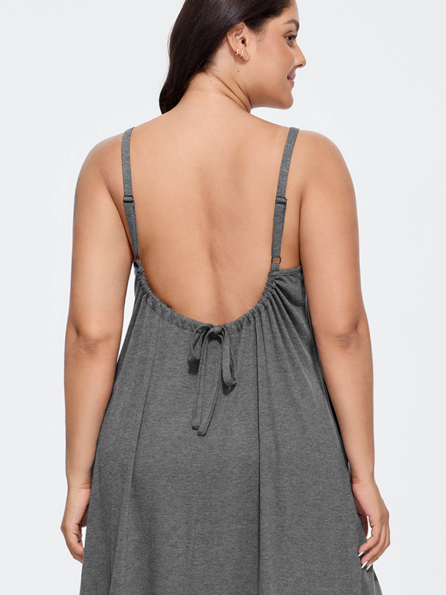 Side view of BloomChic Women's Plus Size Supersoft Adjustable Drawstring Relaxed-Fit Backless Lounge Dress DimGray Mini 10/M