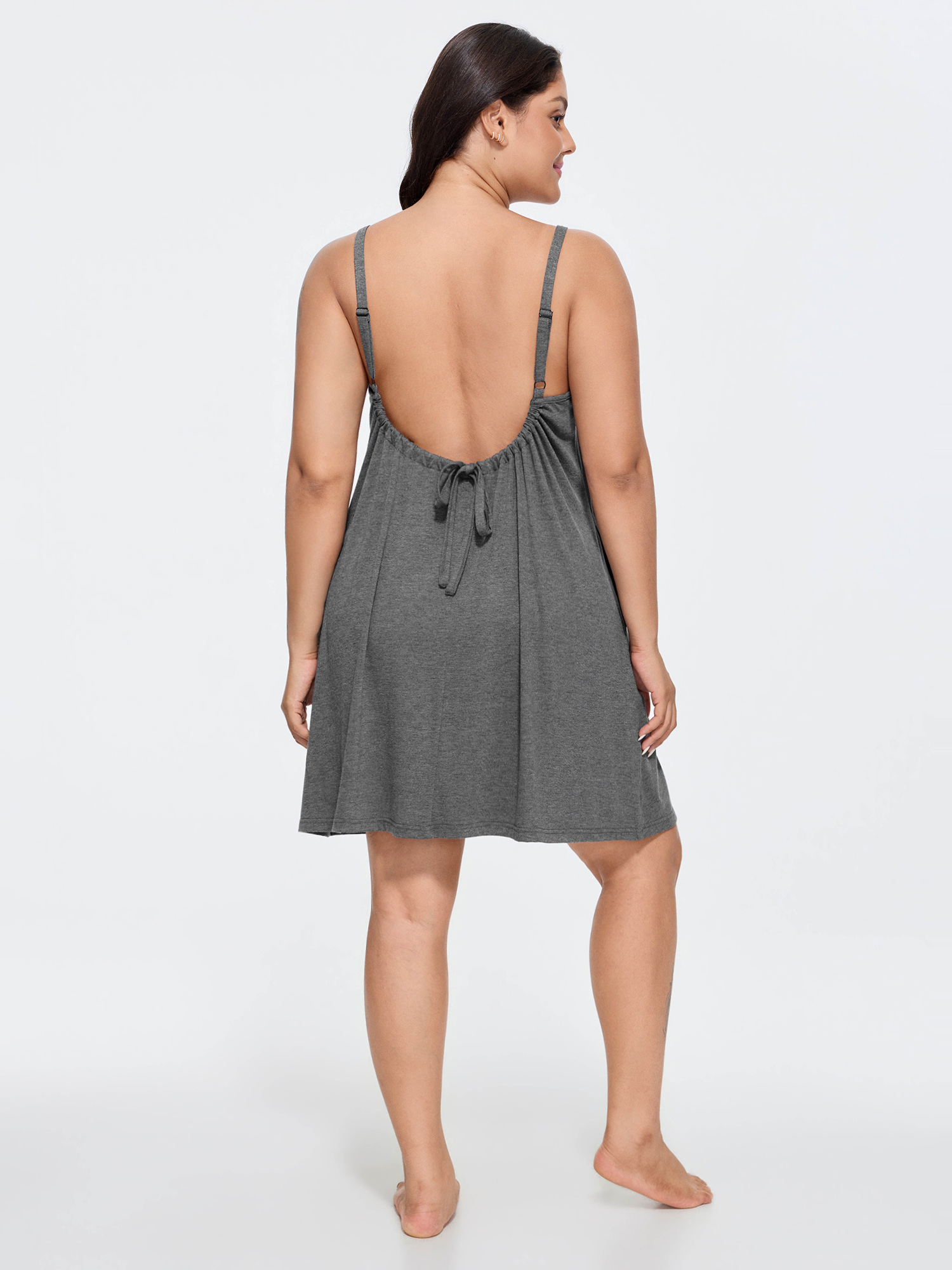 Side view of BloomChic Women's Plus Size Supersoft Adjustable Drawstring Relaxed-Fit Backless Lounge Dress DimGray Mini 10/M