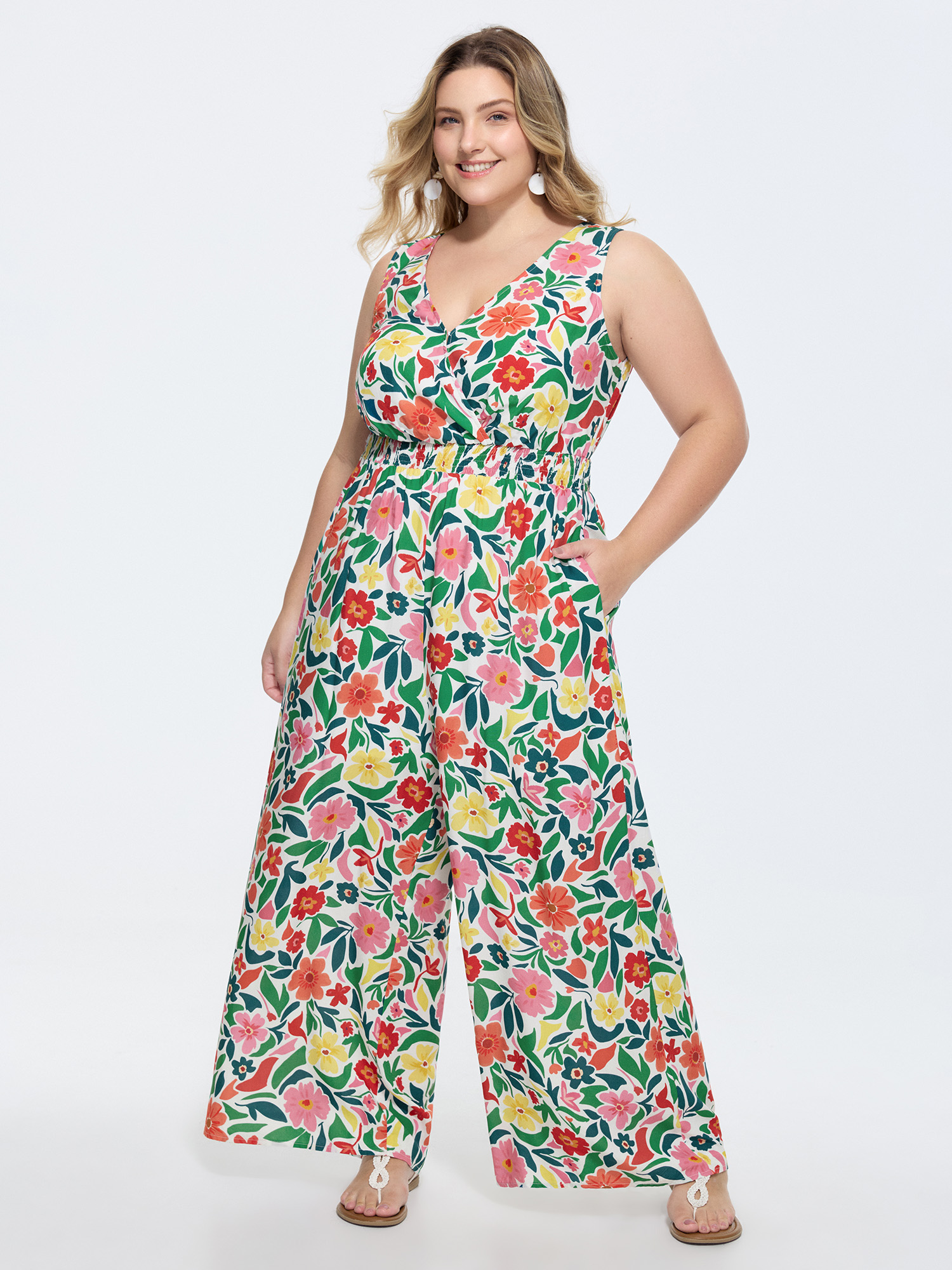 BloomChic Women's Plus Size Vibrant Floral Print Shirred Waist Jumpsuit Multicolor Vacation Relaxed Fit 18-20/2X-image-48377049153706