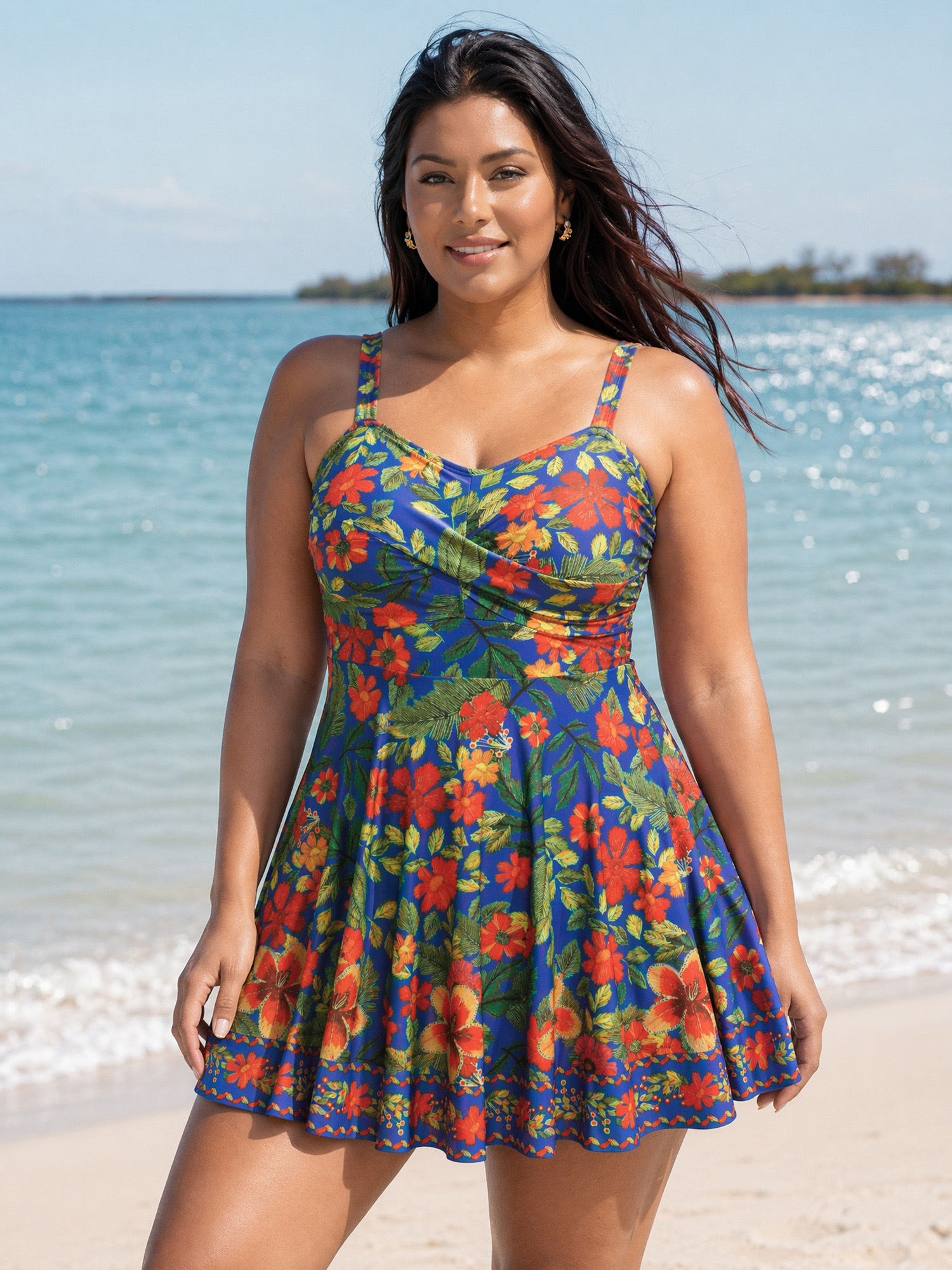 Bloomchic Vibrant Floral Print Twist Front Swim Dress In Multi