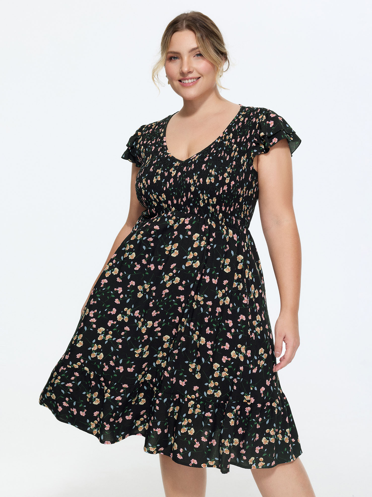 Bloomchic Floral Print V-neck Ruffled Sleeve Mini Dress In Black