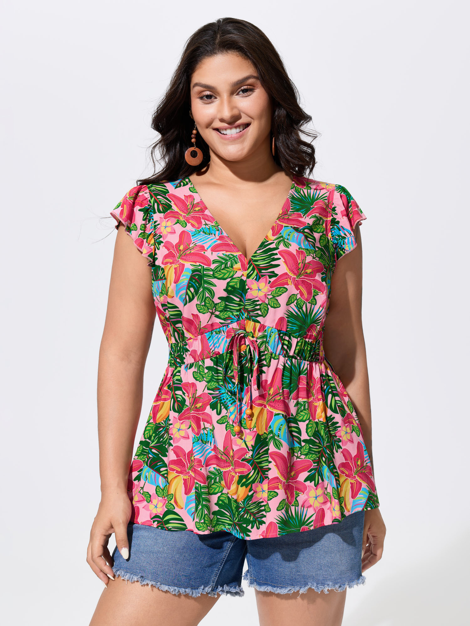 BloomChic Women's Plus Size Vibrant Floral Print Cinched-Waist Top Blush Tropical Vacation Cap Sleeve V-Neck 30/6X