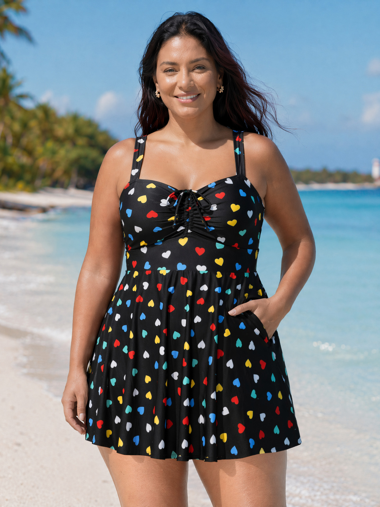 Bloomchic Colorful Heart Print Pockets Swim Dress In Black