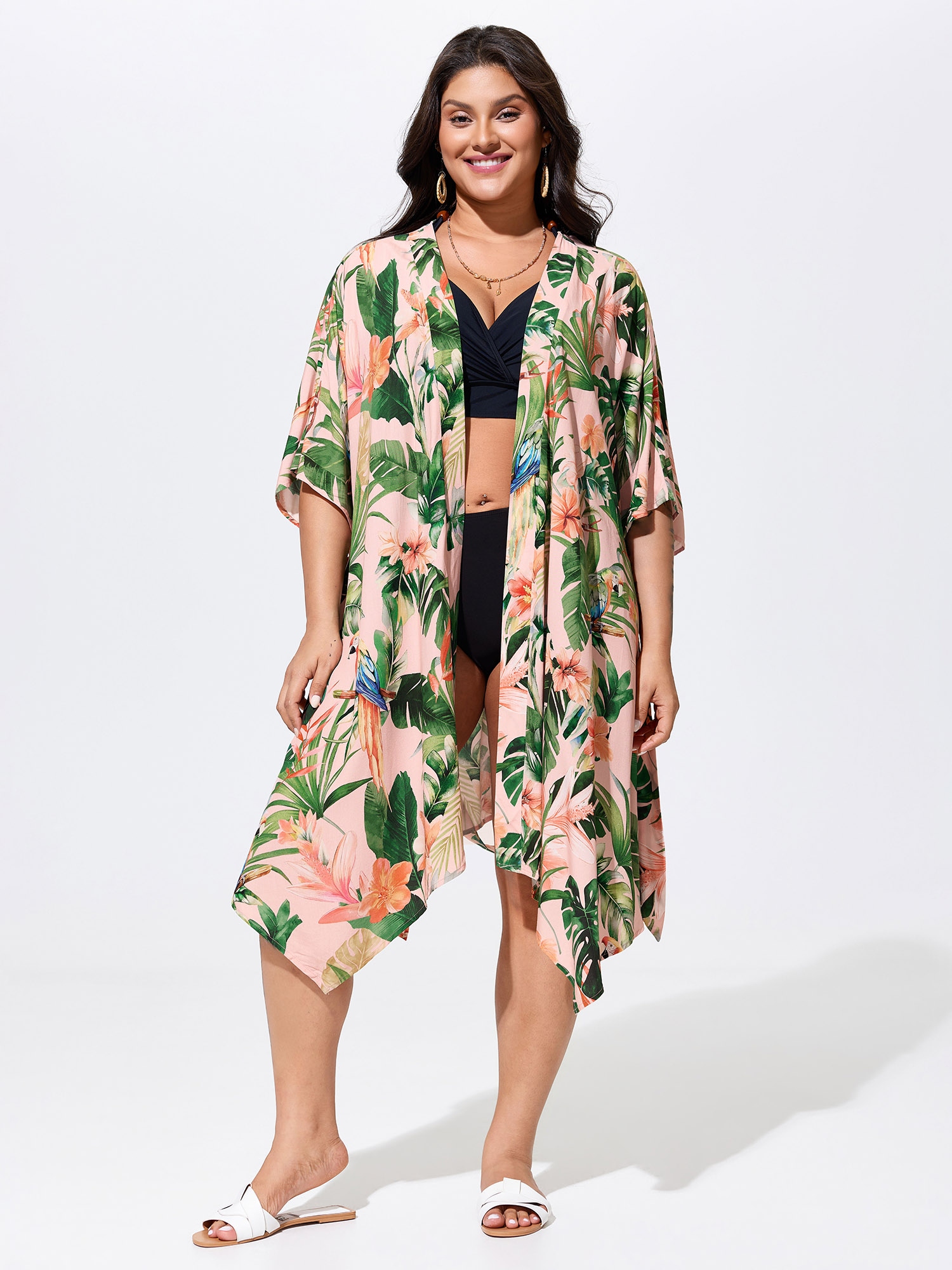 BloomChic Women's Plus Size Tropical Escape Waist Tie Kimono Multicolor Non Cape 12/L