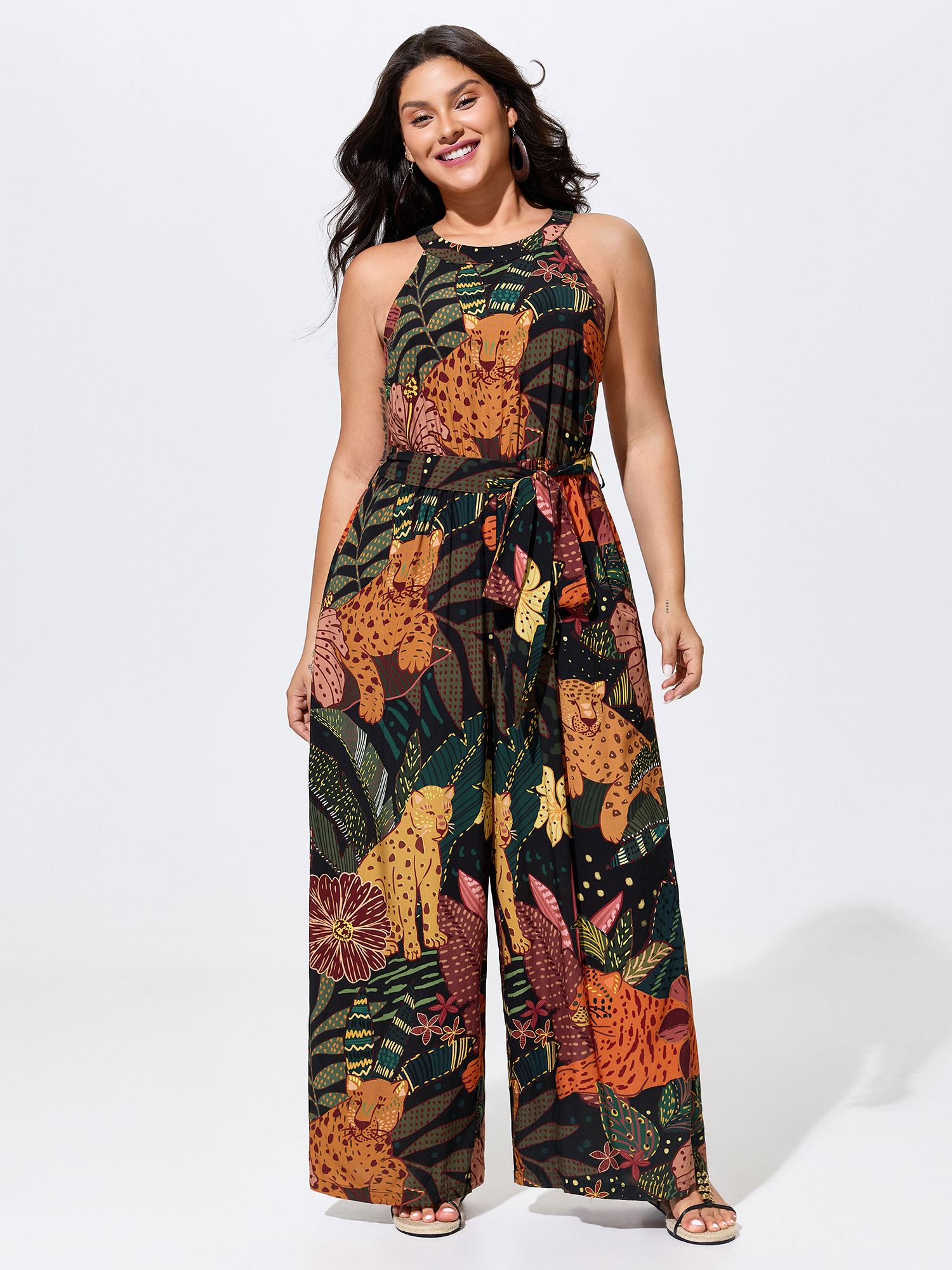 BloomChic Women's Plus Size Wild Print Halter Neckline Sleeveless Jumpsuit Multicolor Vacation 28/5X-image-48493935853738
