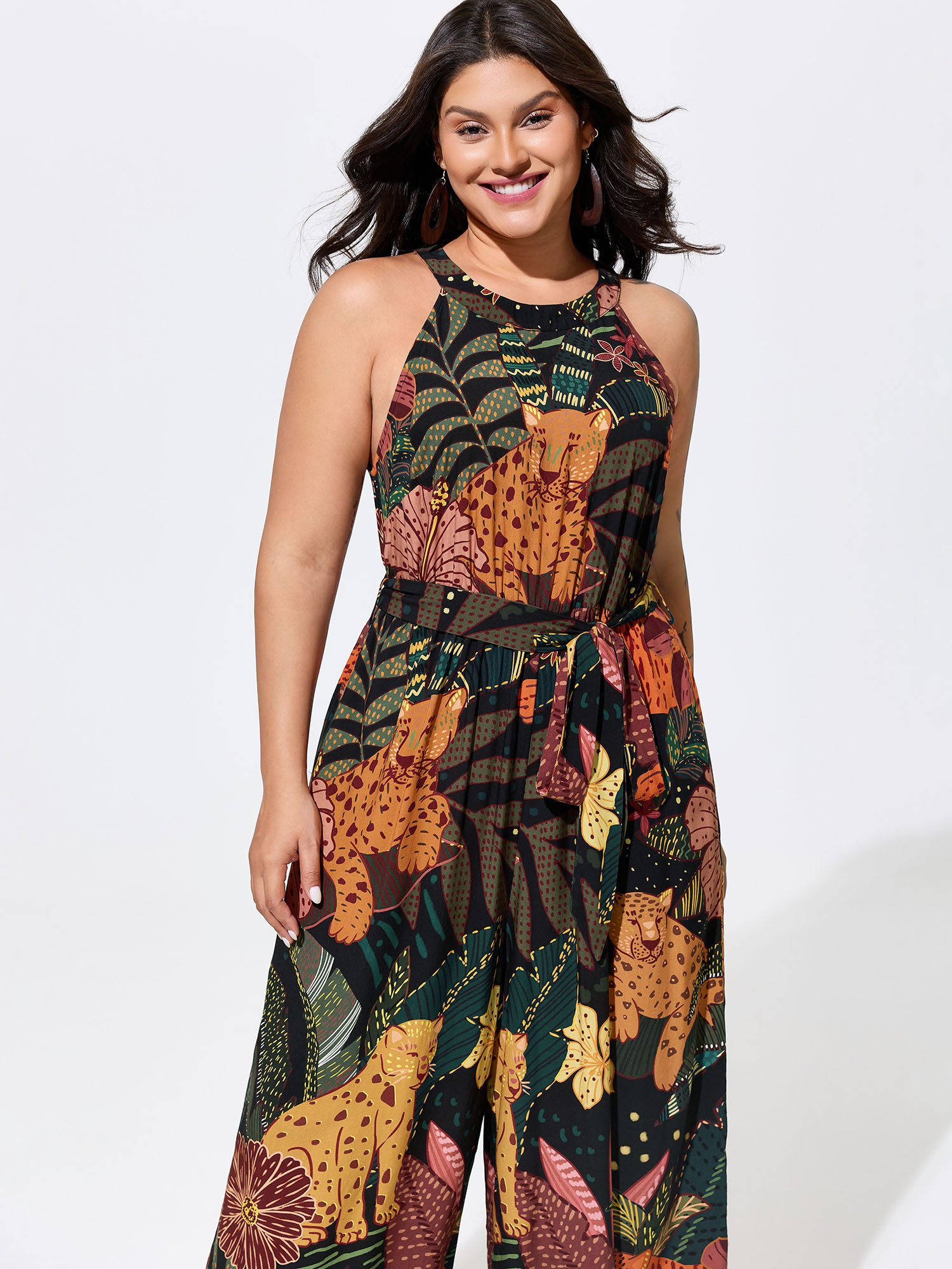 Side view of BloomChic Women's Plus Size Wild Print Halter Neckline Sleeveless Jumpsuit Multicolor Vacation 22-24/3X
