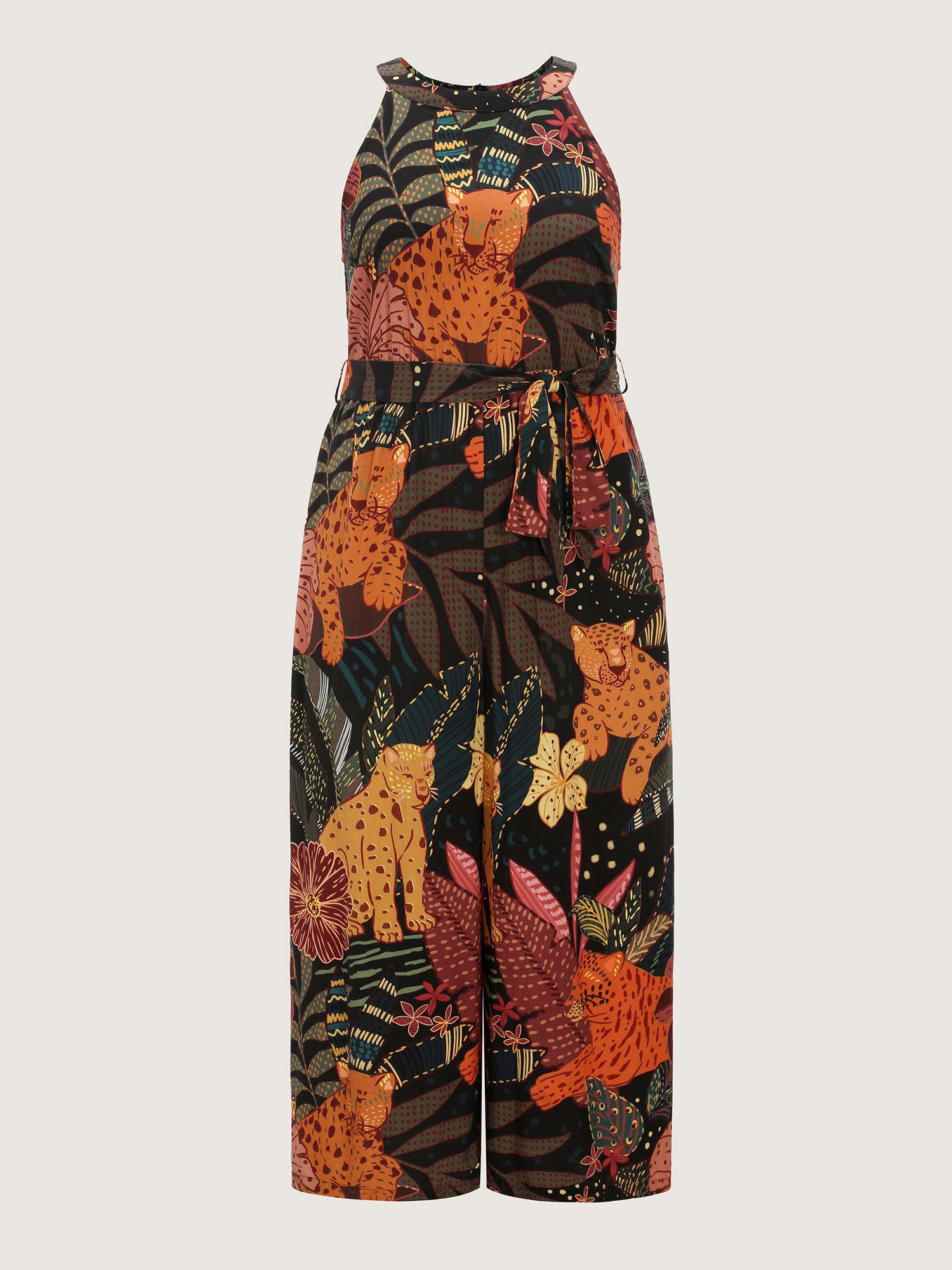 Side view of BloomChic Women's Plus Size Wild Print Halter Neckline Sleeveless Jumpsuit Multicolor Vacation 22-24/3X