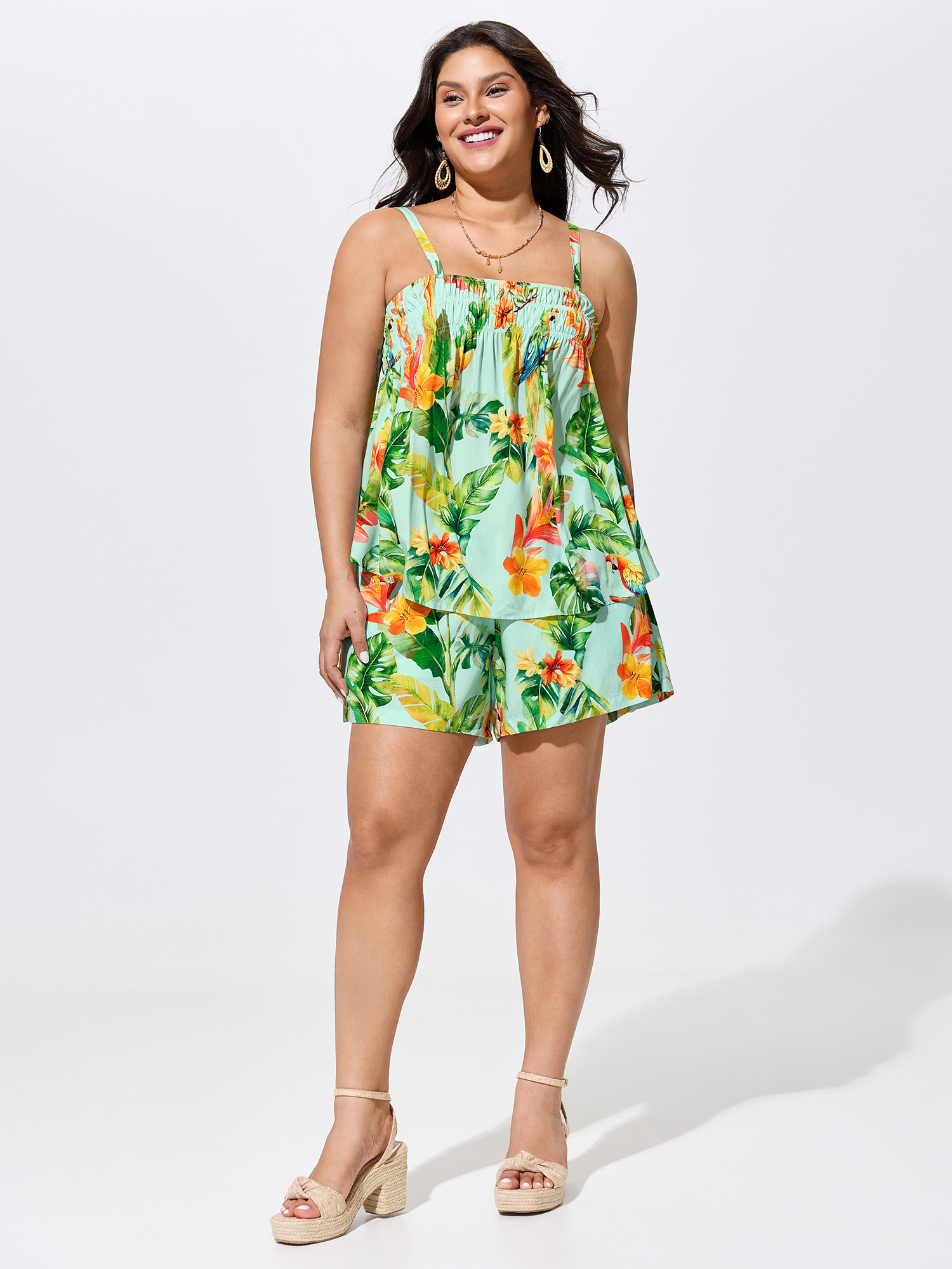 BloomChic Plus Size Tropical Breeze Print Elastic Waist Shorts - Curve Women's Bermuda Mid Rise Thigh-Friendly Side Pocket Shorts 14/M