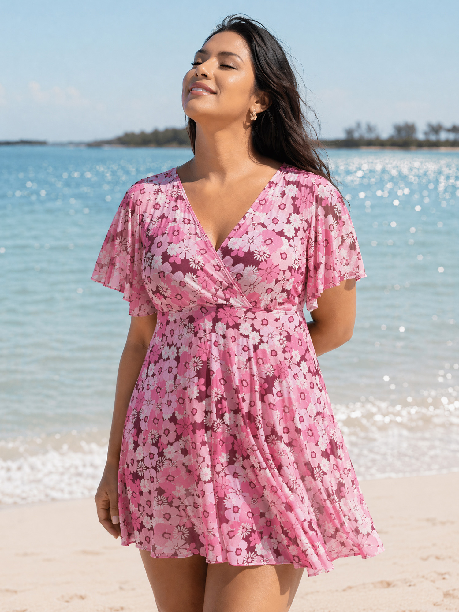 Bloomchic Breezy Sheer Wrap Neckline Swim Dress In Multi