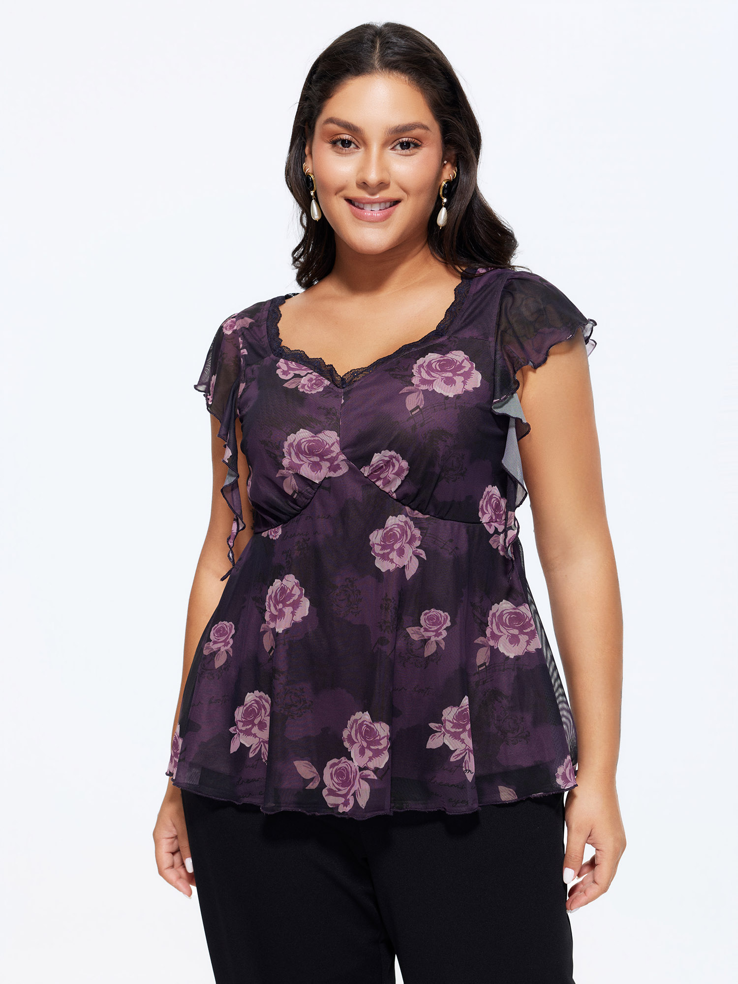 BloomChic Women's Plus Size Lace Trim Floral Print Knit Top Deeppurple Cap Sleeve Everyday-Elegant Sweetheart Neck 18-20/2X