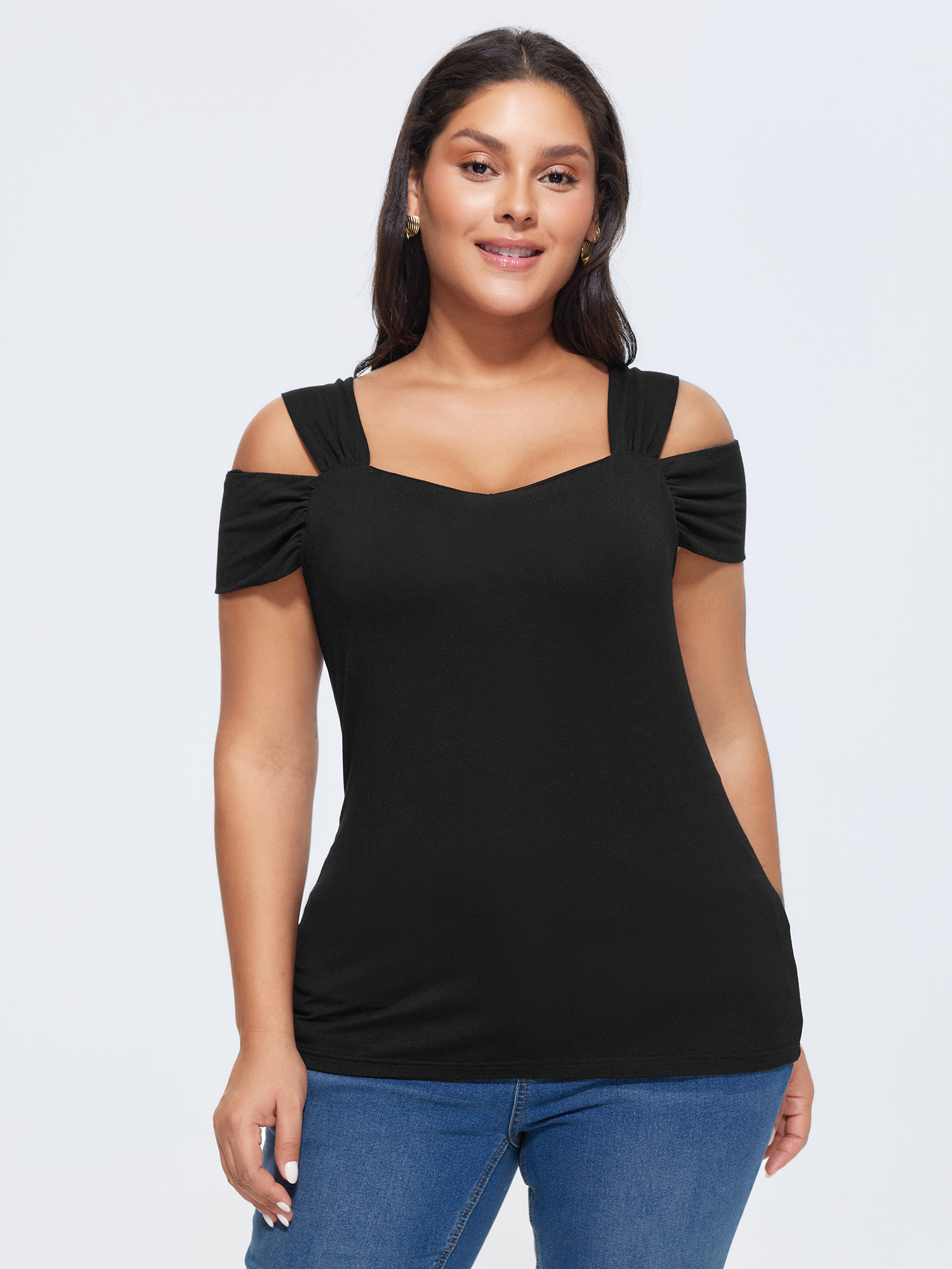 BloomChic Women's Plus Size Elegant Stretchy Cold-Shoulder Plain Top Black Short sleeve Everyday-Elegant Sweetheart Neck 22-24/3X