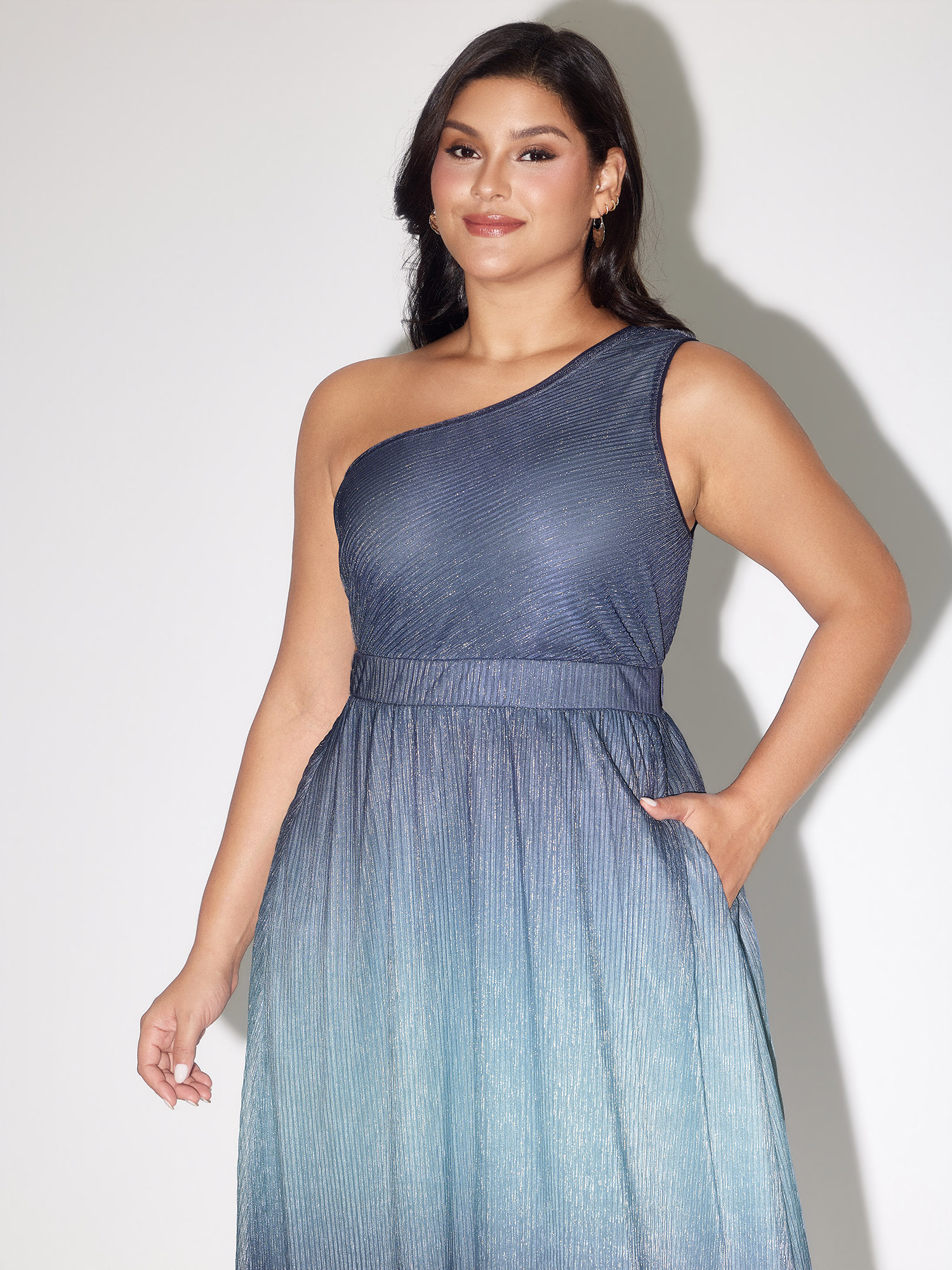 Side view of BloomChic Women's Plus Size One-Shoulder Ombre Shimmer Mesh Midi Dress DarkBlue Party Maxi One-Shoulder 10/M