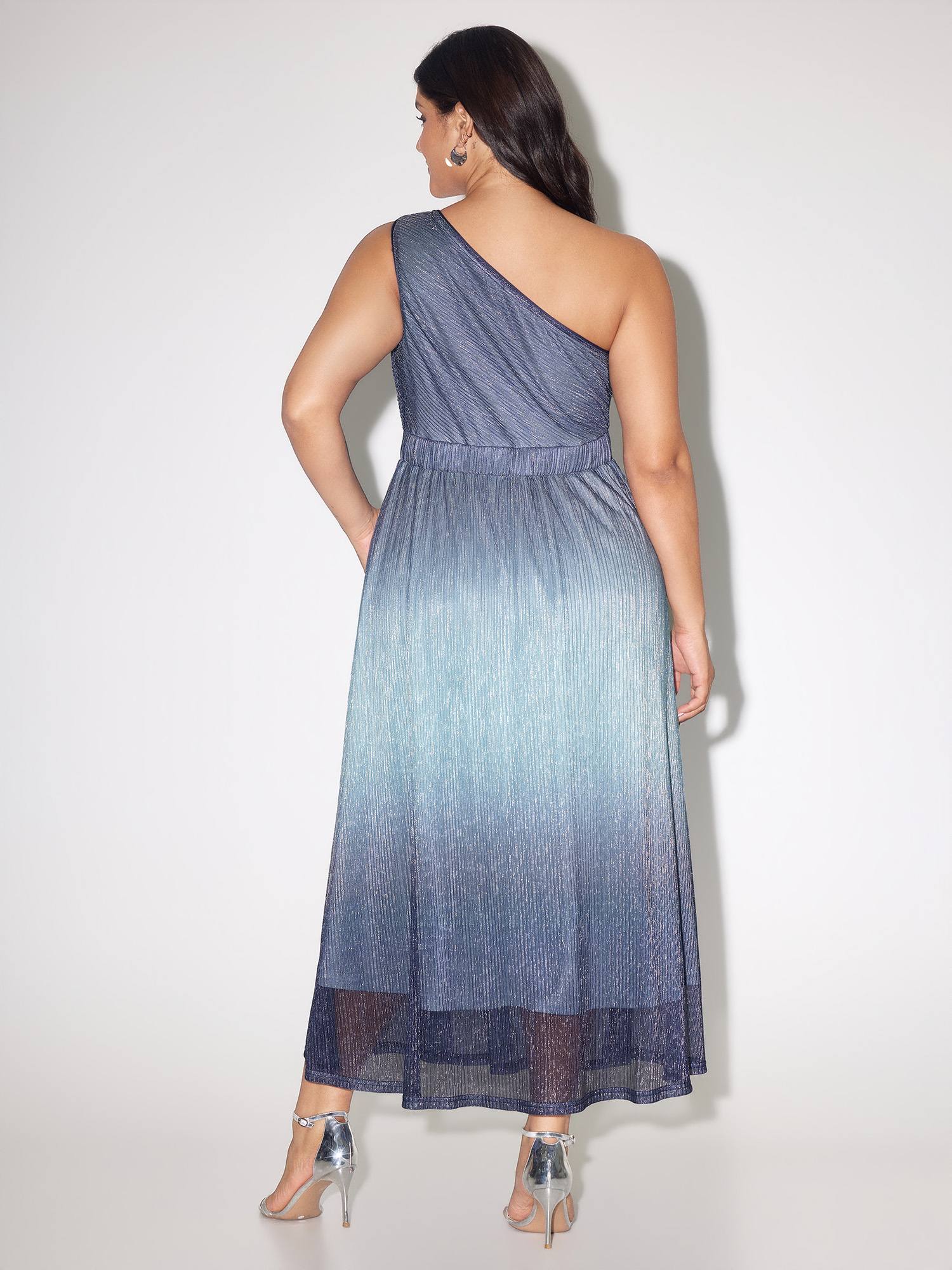 Side view of BloomChic Women's Plus Size One-Shoulder Ombre Shimmer Mesh Midi Dress DarkBlue Party Maxi One-Shoulder 10/M