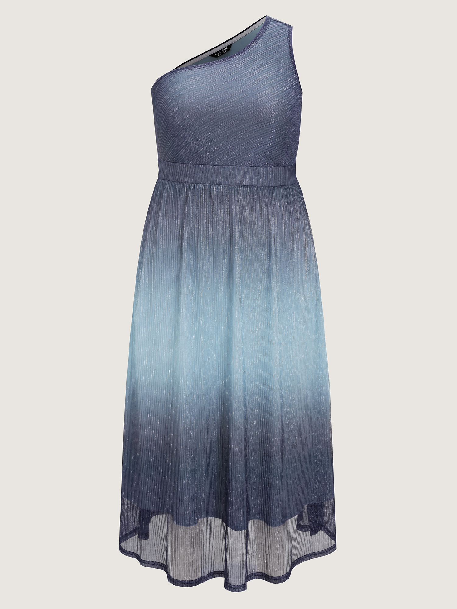 Side view of BloomChic Women's Plus Size One-Shoulder Ombre Shimmer Mesh Midi Dress DarkBlue Party Maxi One-Shoulder 10/M