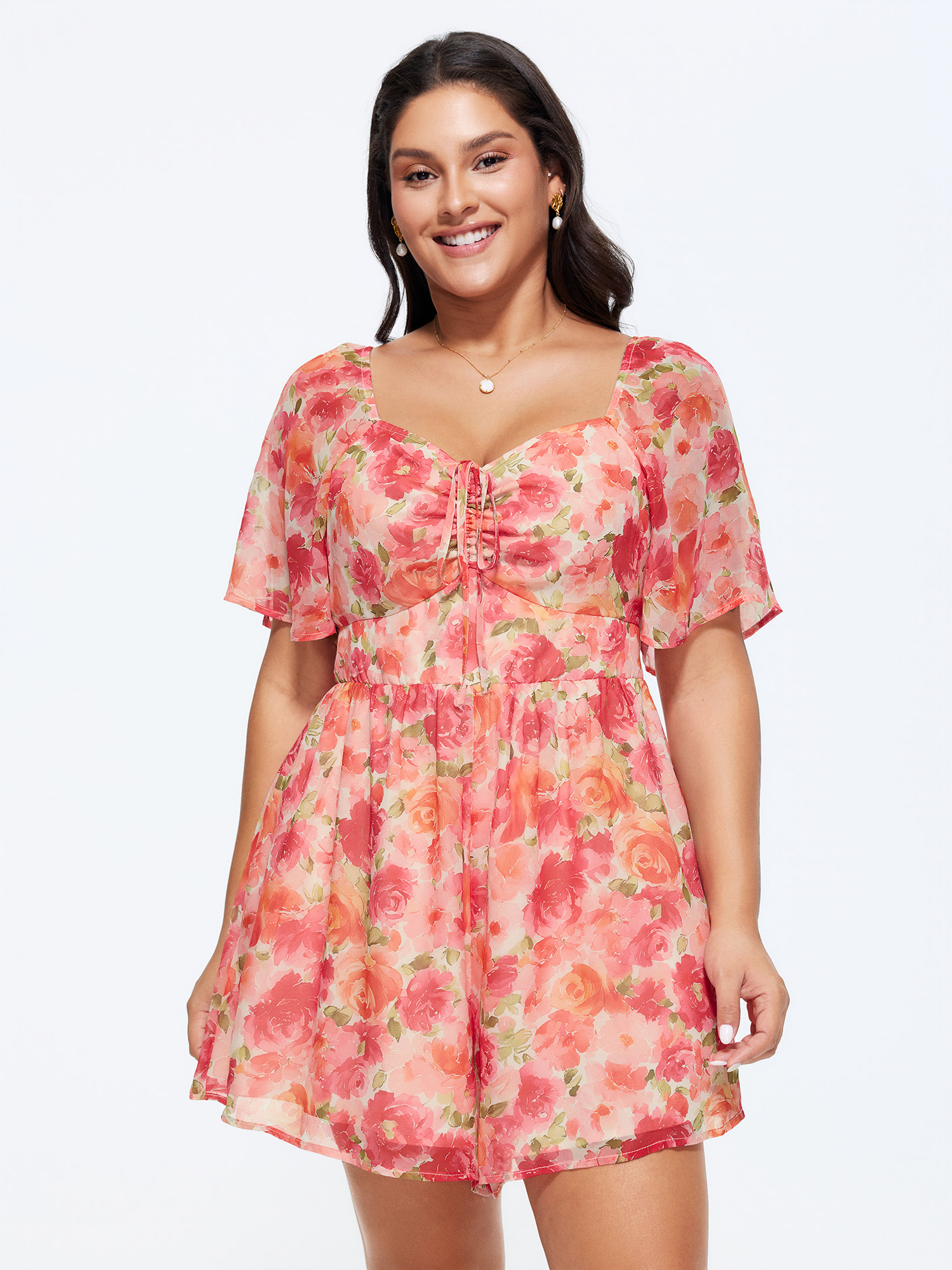 BloomChic Women's Plus Size Floral Print Ruched Bodice Romper Beanpastepowder Elegant Fitted 14-16/1X-image-48392094482602