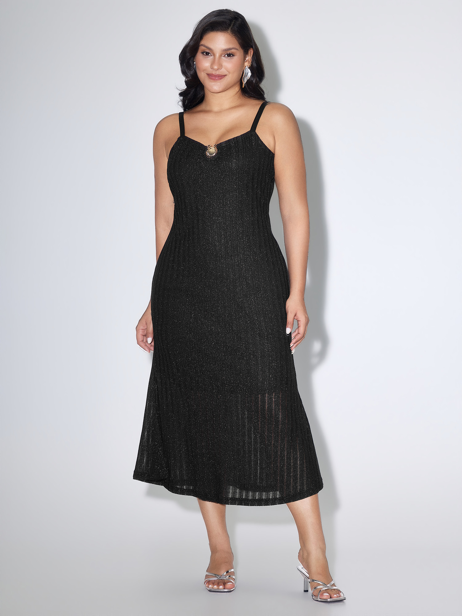 BloomChic Women's Plus Size Shimmer Ribbed Gold Charm Detail Midi Dress Black Party Maxi Sweetheart Neck 28/5X-image-48392093204650