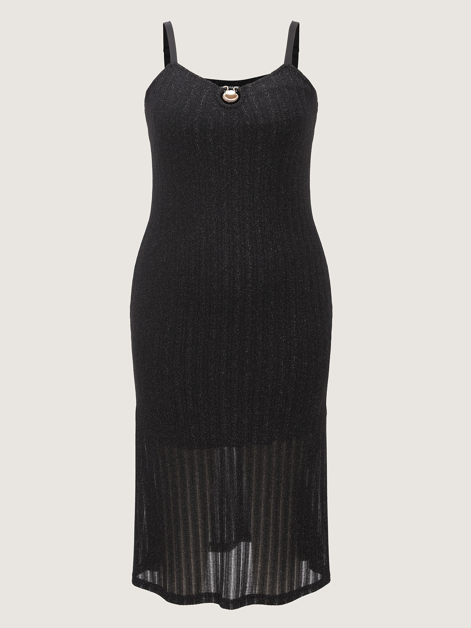 Side view of BloomChic Women's Plus Size Shimmer Ribbed Gold Charm Detail Midi Dress Black Party Maxi Sweetheart Neck 30/6X