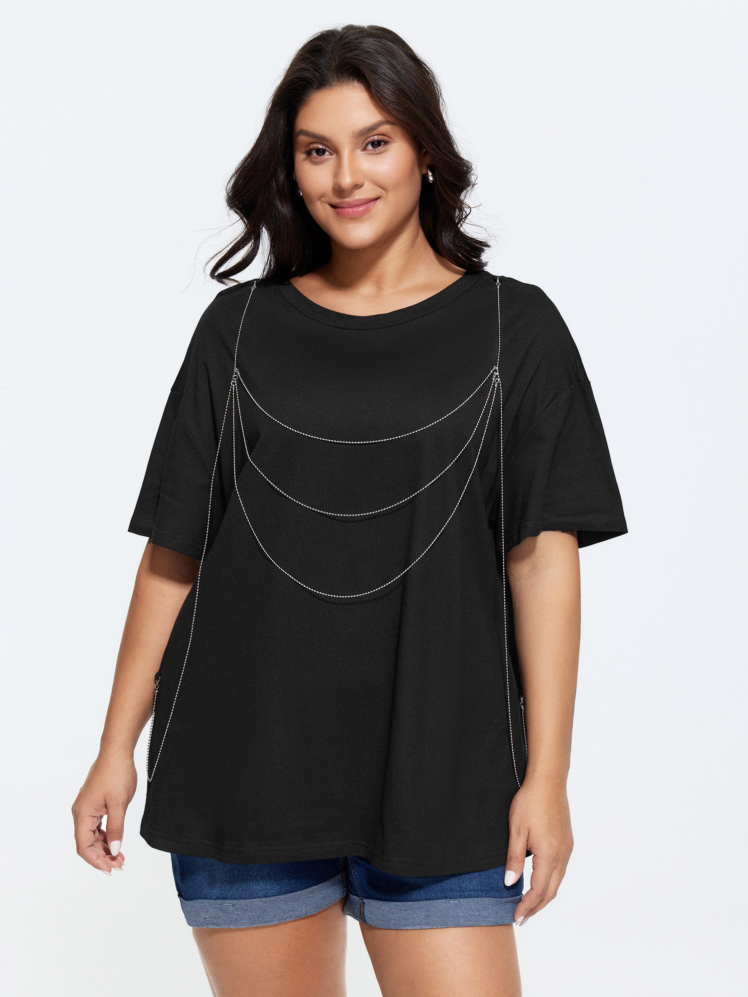 BloomChic Women's Plus Size Cotton Tassels Round Neck Plain T-Shirt Black Solid Everyday-Casual Short sleeve Round Neck 10/M