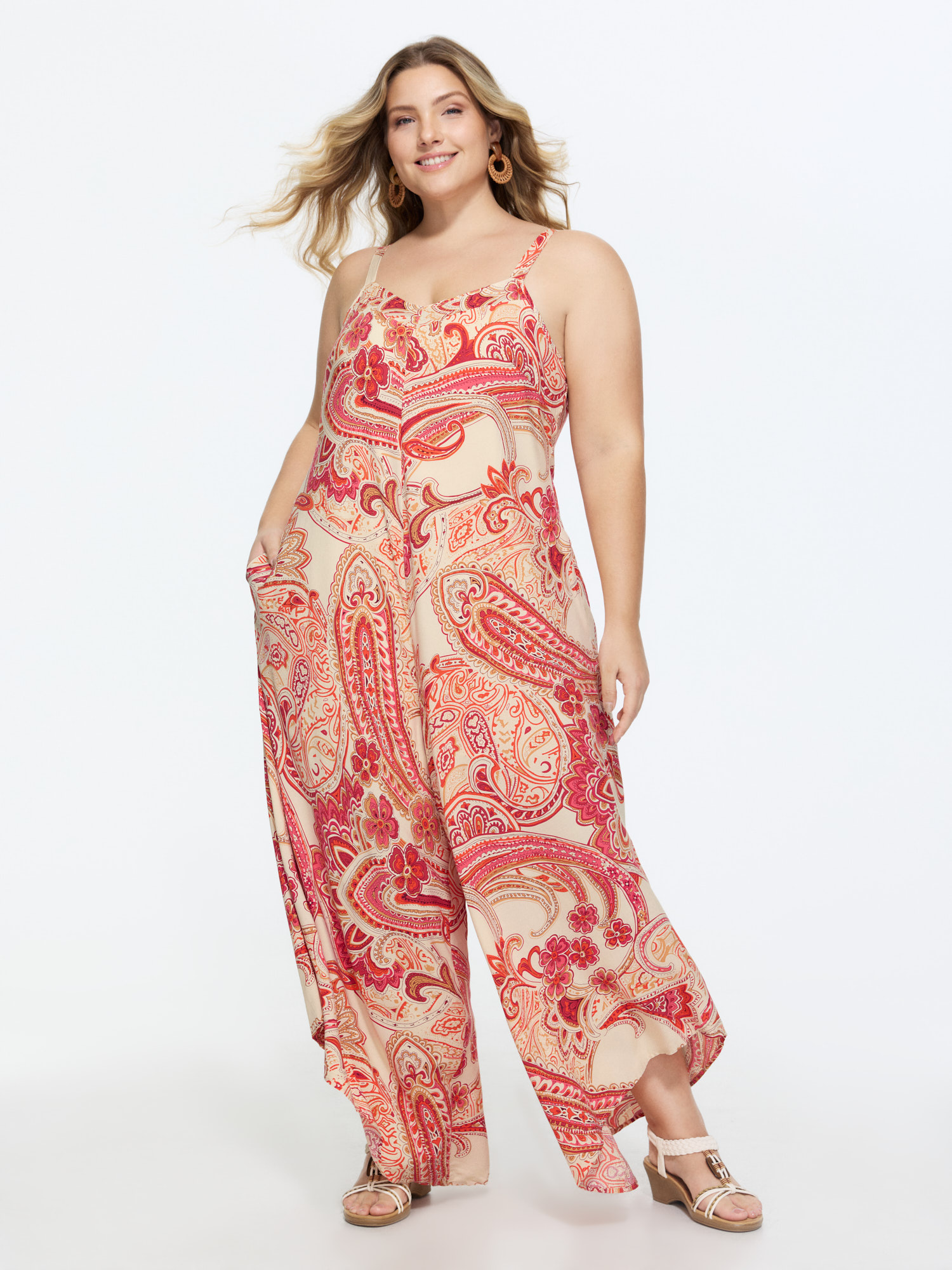 BloomChic Women's Plus Size Boho Print Asymmetrical Hem Jumpsuit Scarlet Vacation 26/4X-image-48397872496810