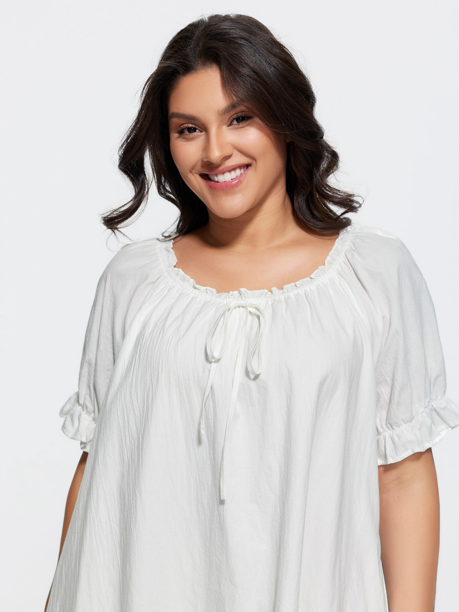 Side view of BloomChic Women's Plus Size Cotton Plain Stretchy Cuff Sleeve Lounge Dress Originalwhite not graphics Knee Length 12/L