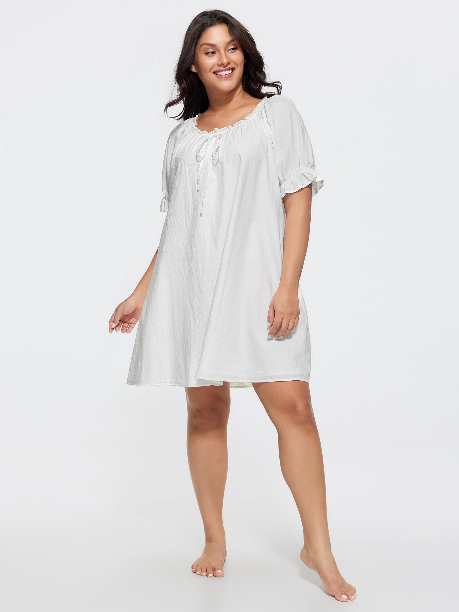 Side view of BloomChic Women's Plus Size Cotton Plain Stretchy Cuff Sleeve Lounge Dress Originalwhite not graphics Knee Length 12/L